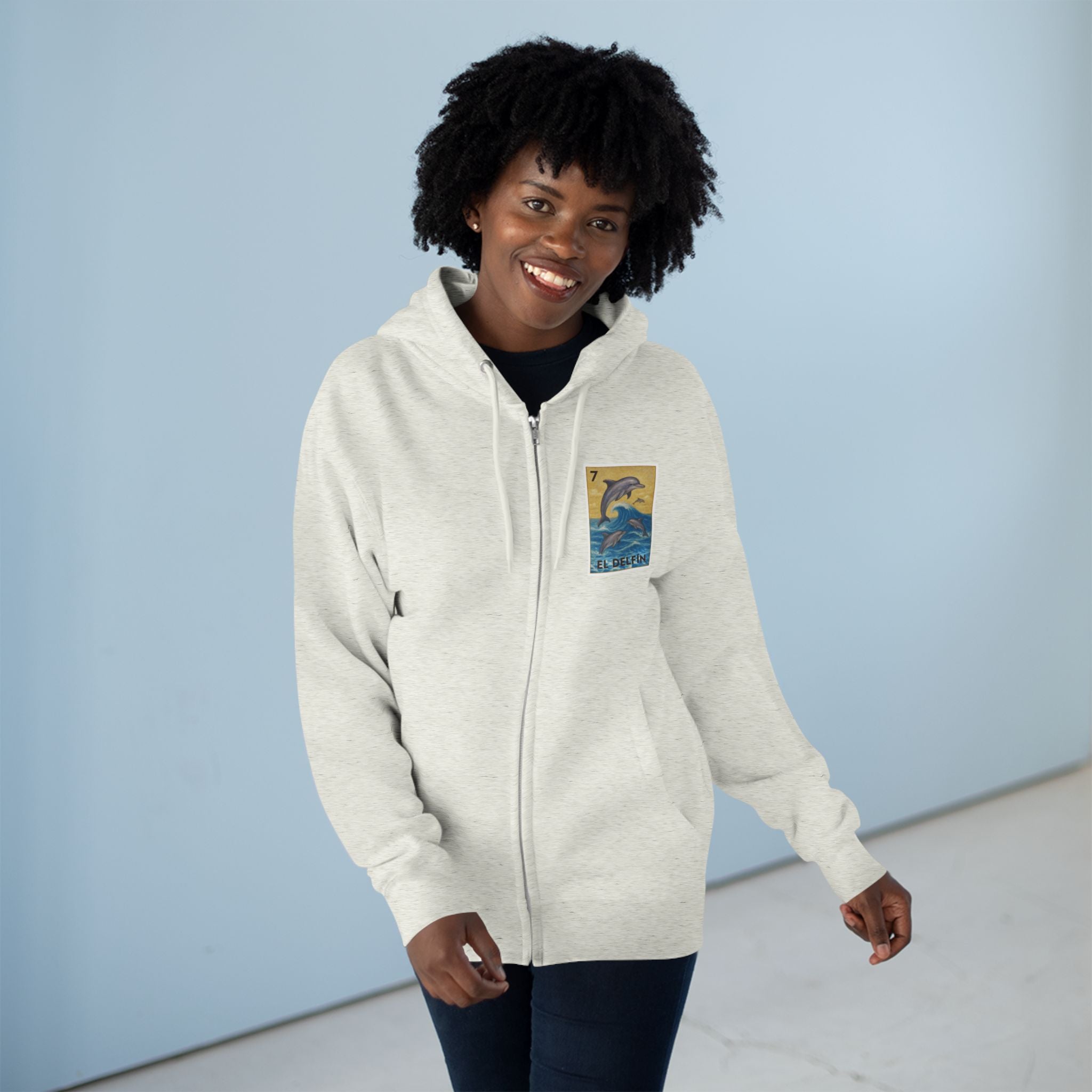 Dolphin Lotería Unisex - Zip Cotton Blend Fleece Hoodie (El Delfín)