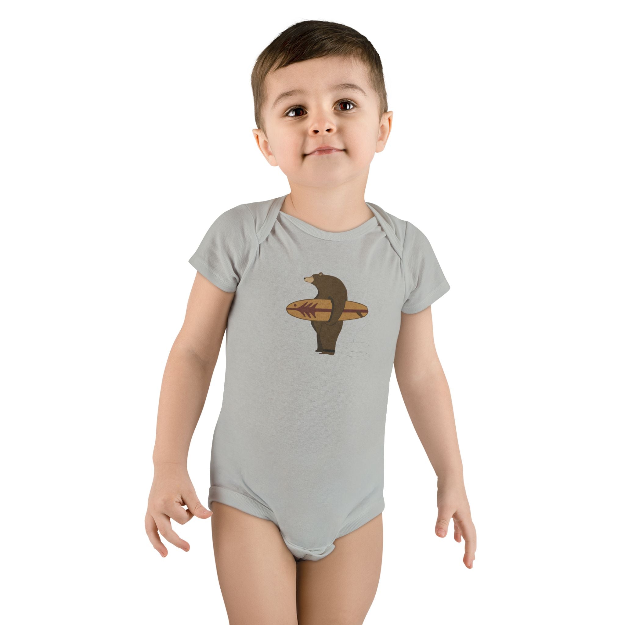 Surfing Grizzly Bear by Fabian Lavater - Baby Short Sleeve 100% Cotton Onesie