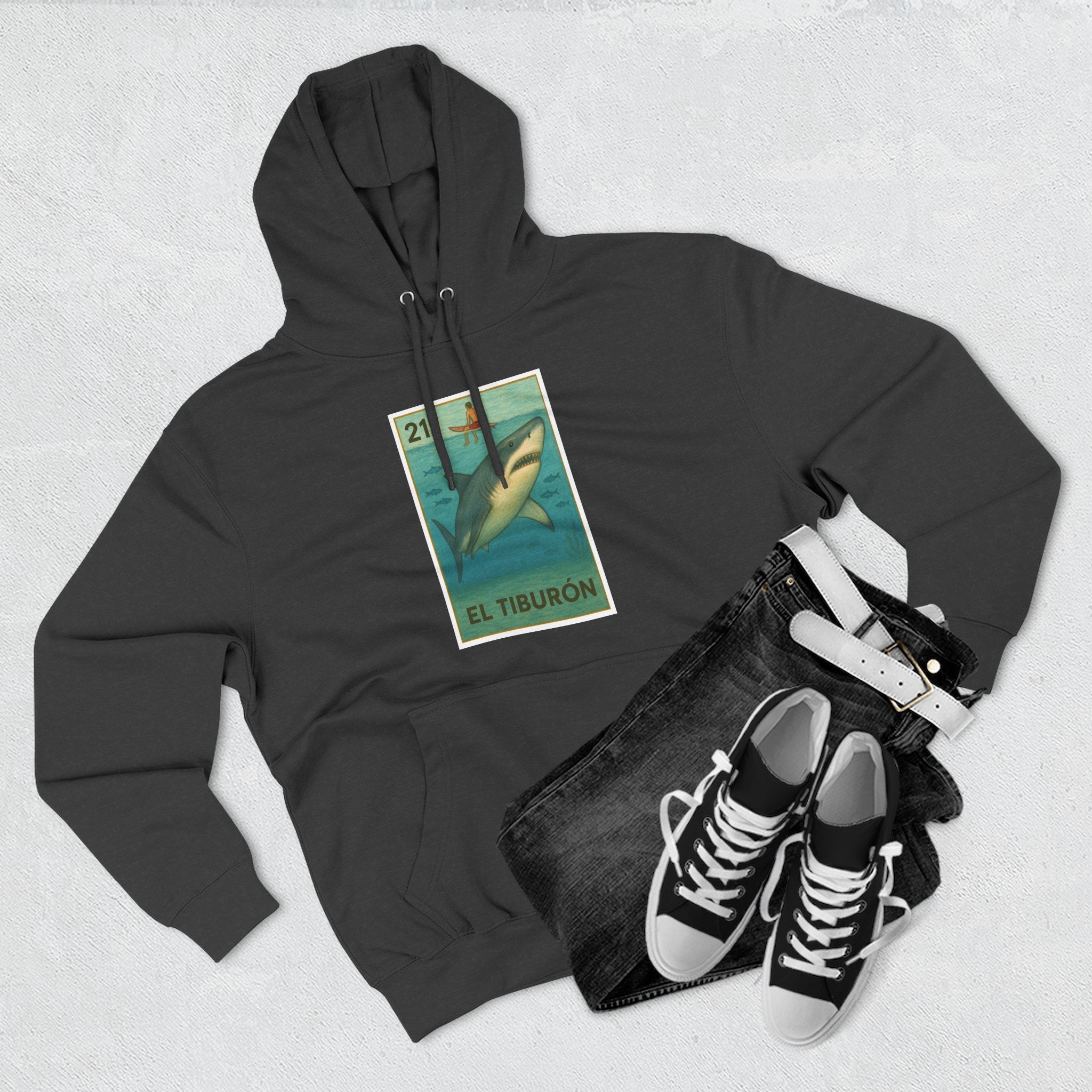 Shark Lotería Unisex - Pull-Over Cotton Blend Fleece Hoodie (El Tiburón)