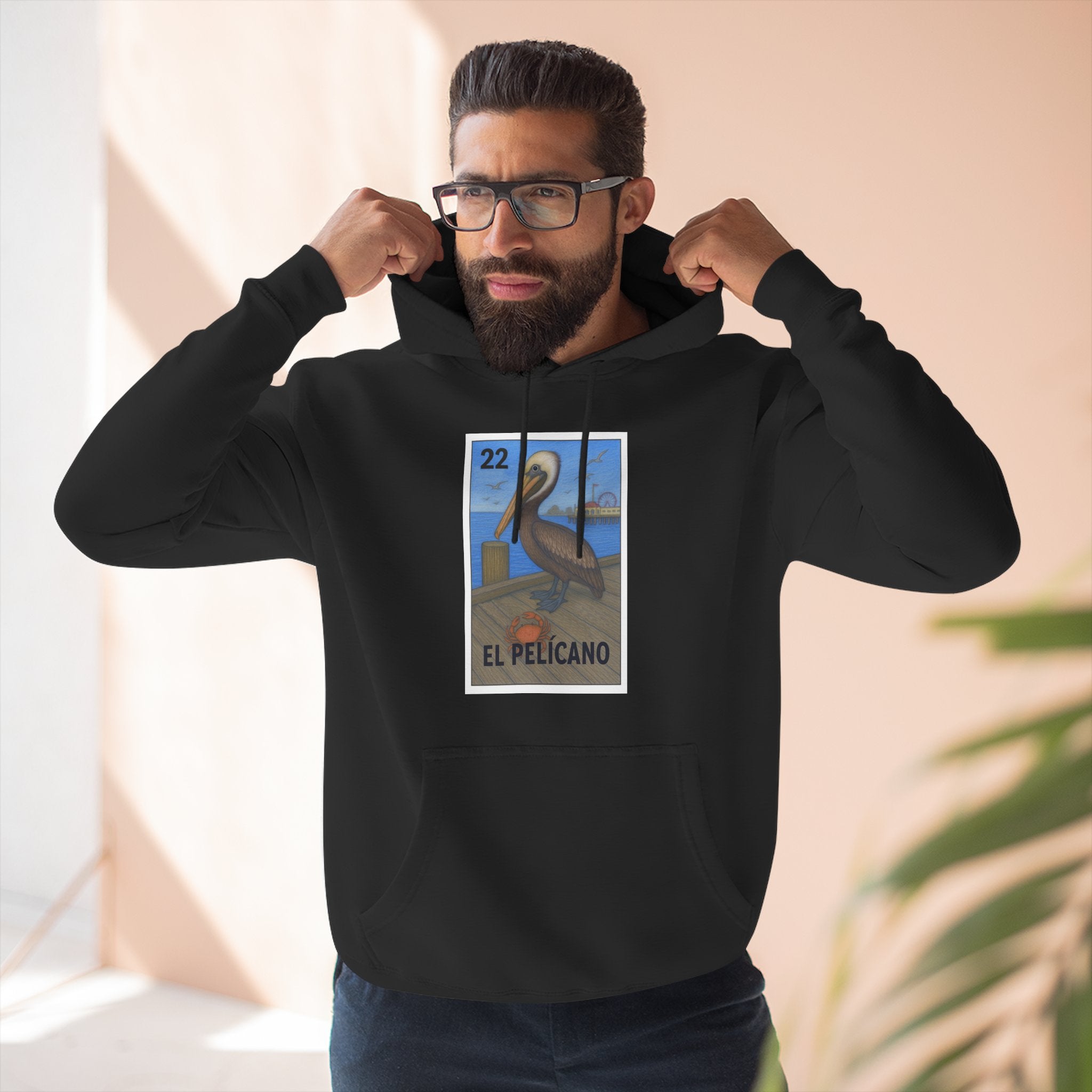 Pelican Lotería Unisex - Pull-Over Cotton Blend Fleece Hoodie (El Pelícano)