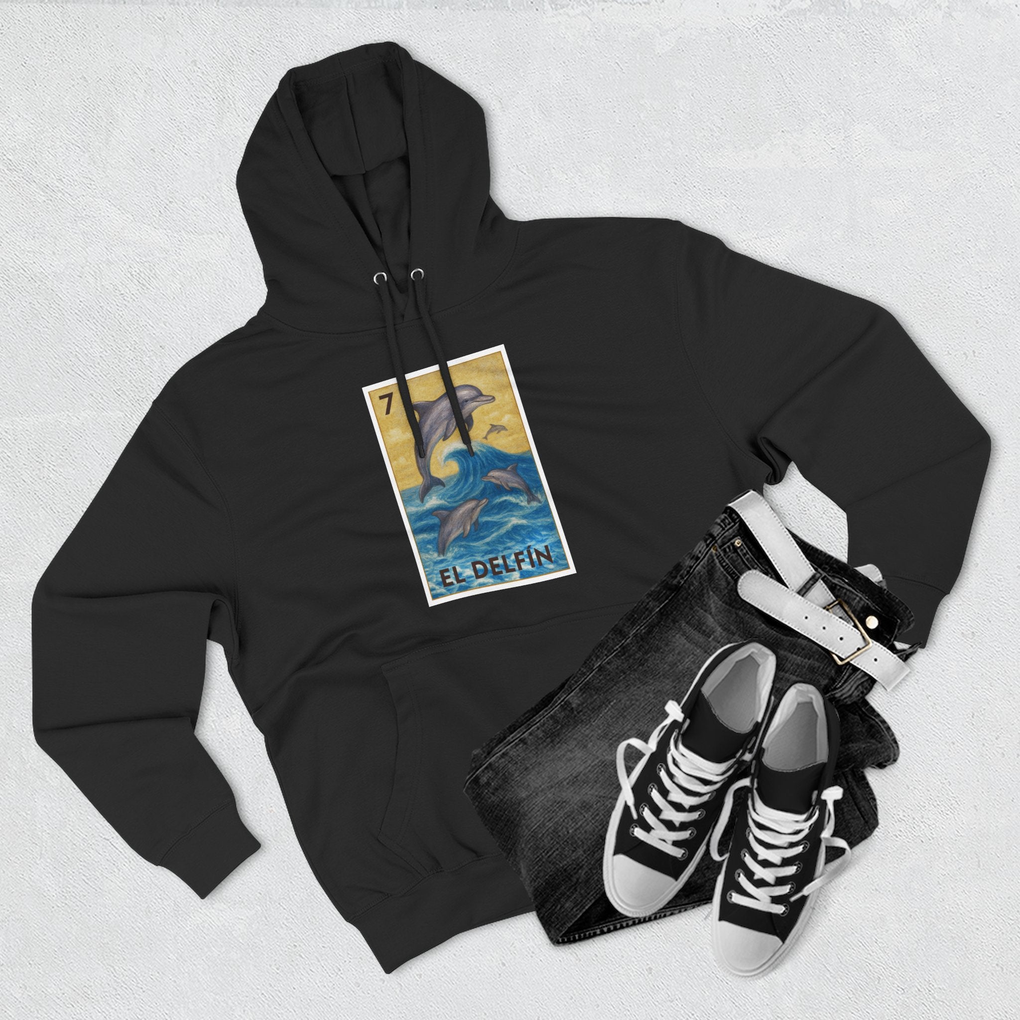 Dolphin Lotería Unisex - Pull-Over Cotton Blend Fleece Hoodie (El Delfín)