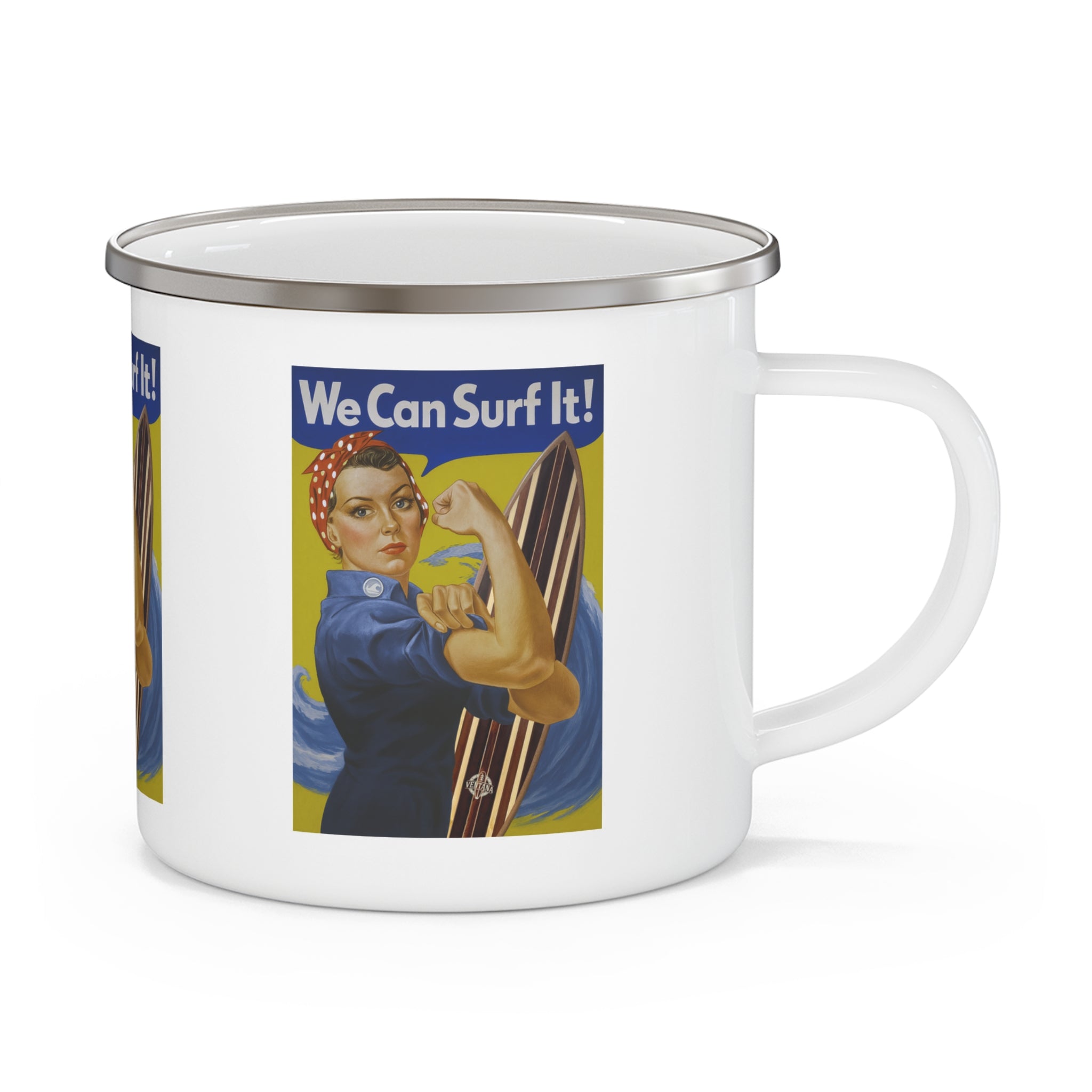 Rosie the Surfer Enamel Camping Mug (Small, 12oz)
