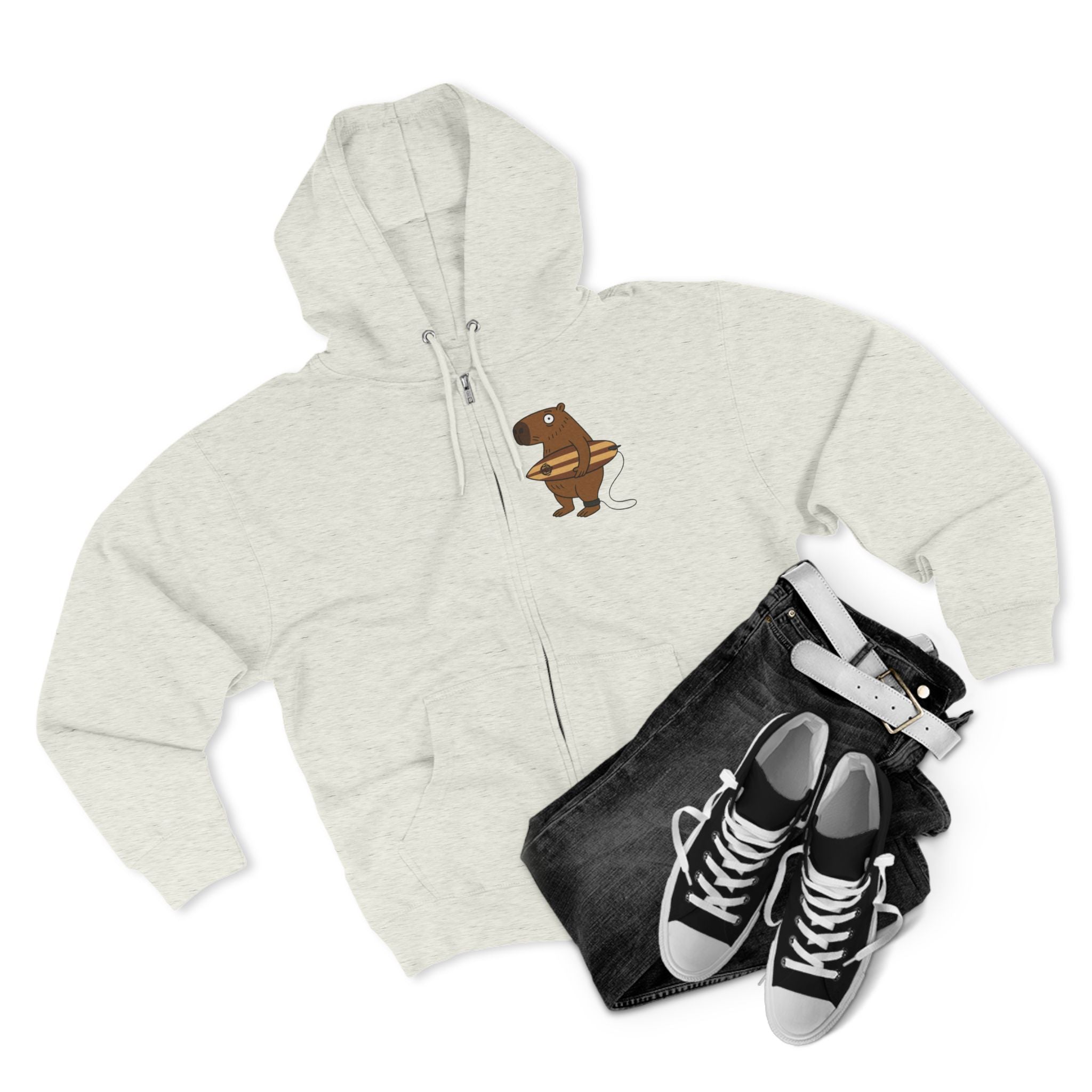 Capybara Surfer Unisex - Zip Cotton Blend Fleece Hoodie