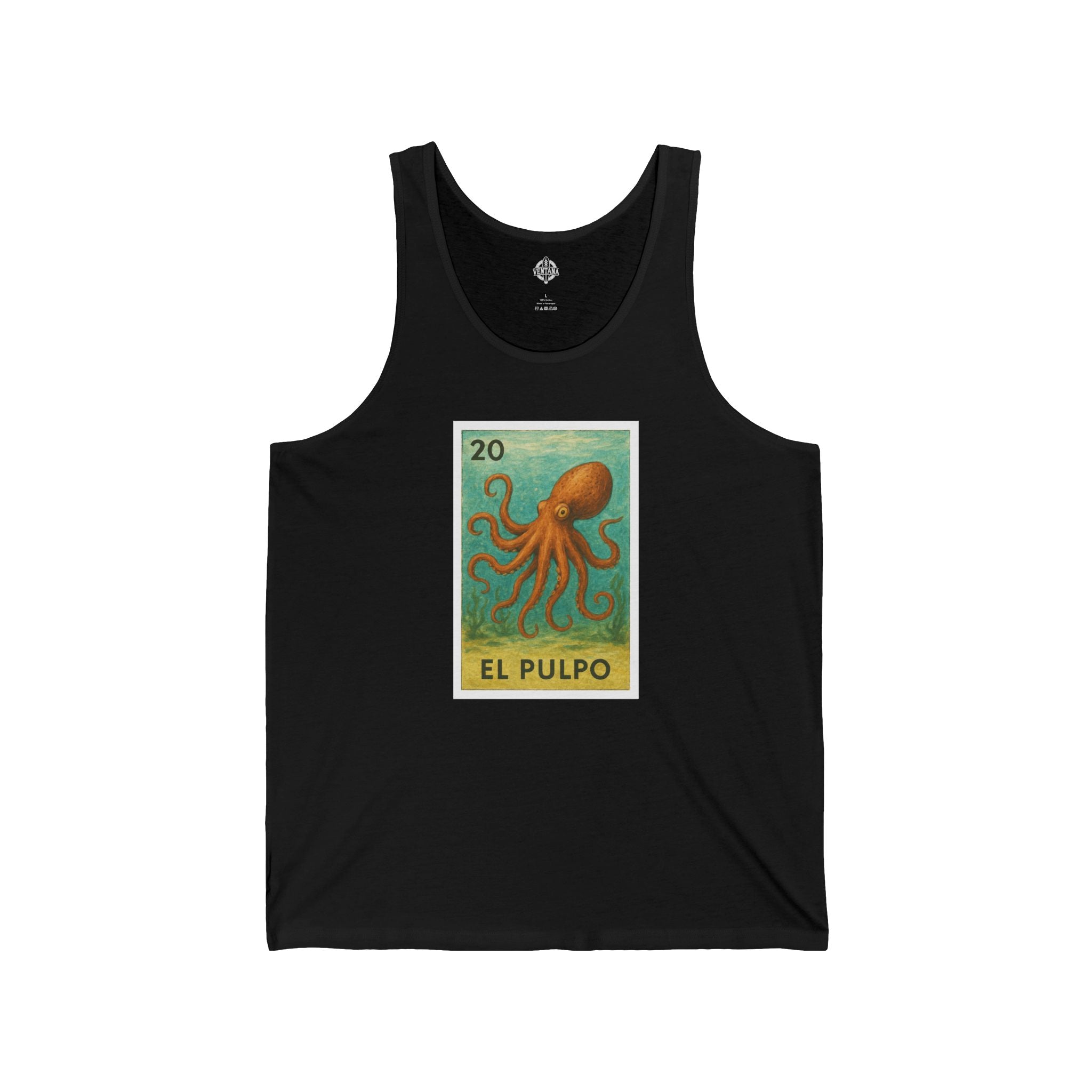 Black tank top with an octopus graphic and &