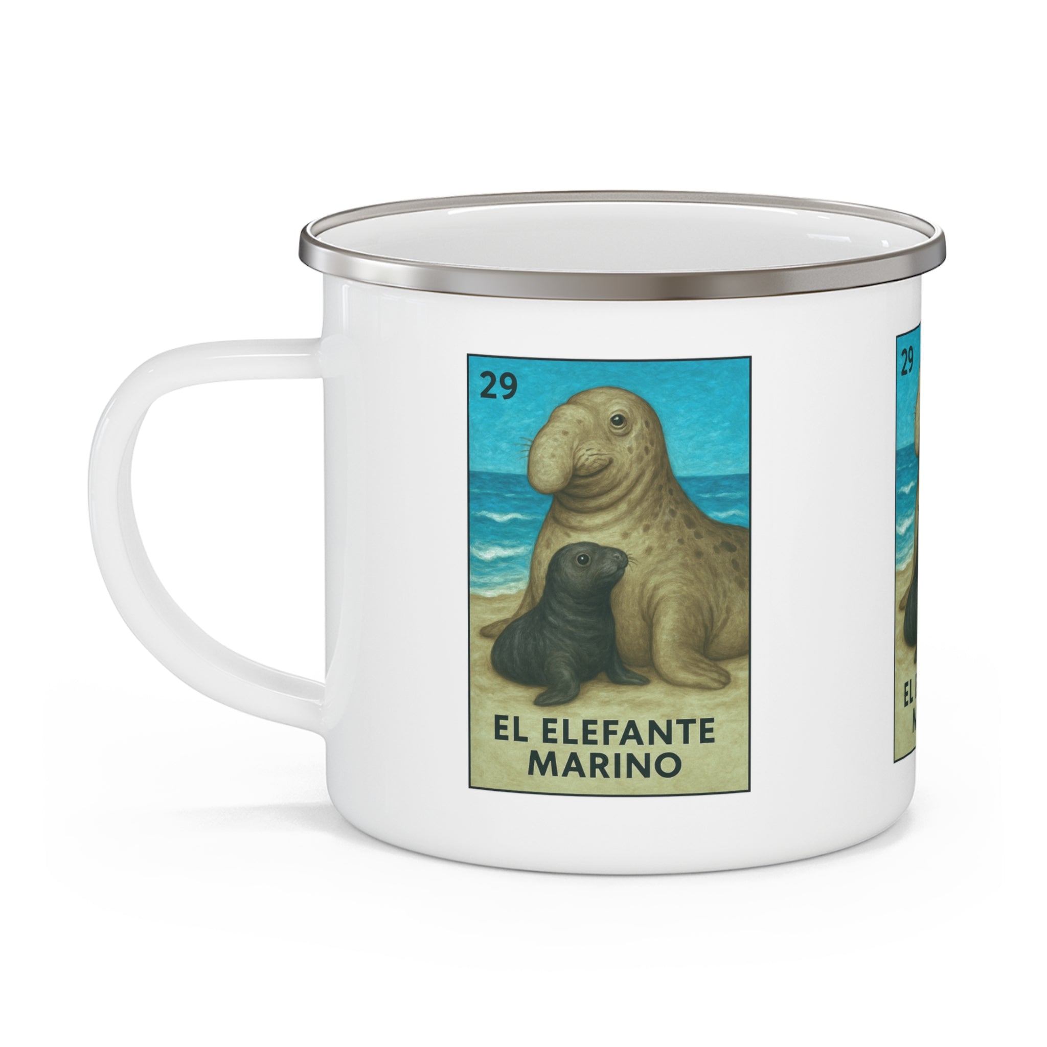 Elephant Seal Lotería Enamel Camping Mug (El Elefante Marino) (12oz - small)