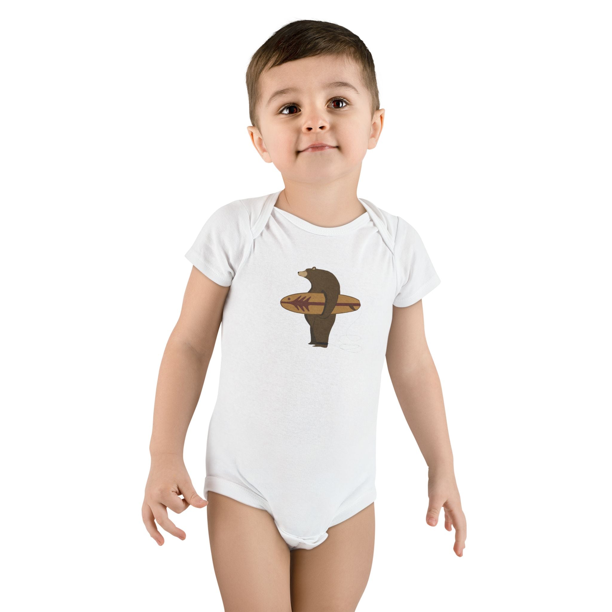 Surfing Grizzly Bear by Fabian Lavater - Baby Short Sleeve 100% Cotton Onesie