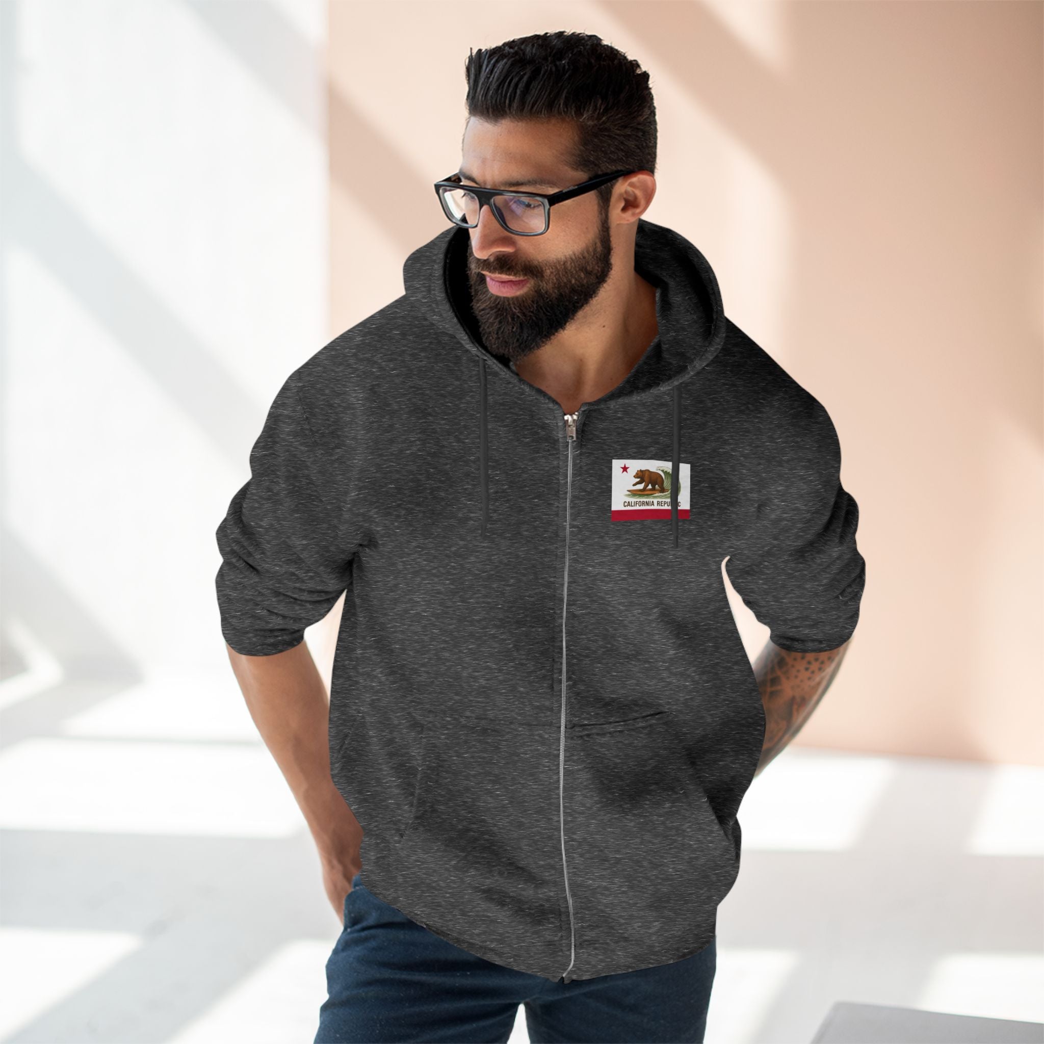 California Surfing Bear Flag Unisex - Zip Cotton Blend Fleece Hoodie