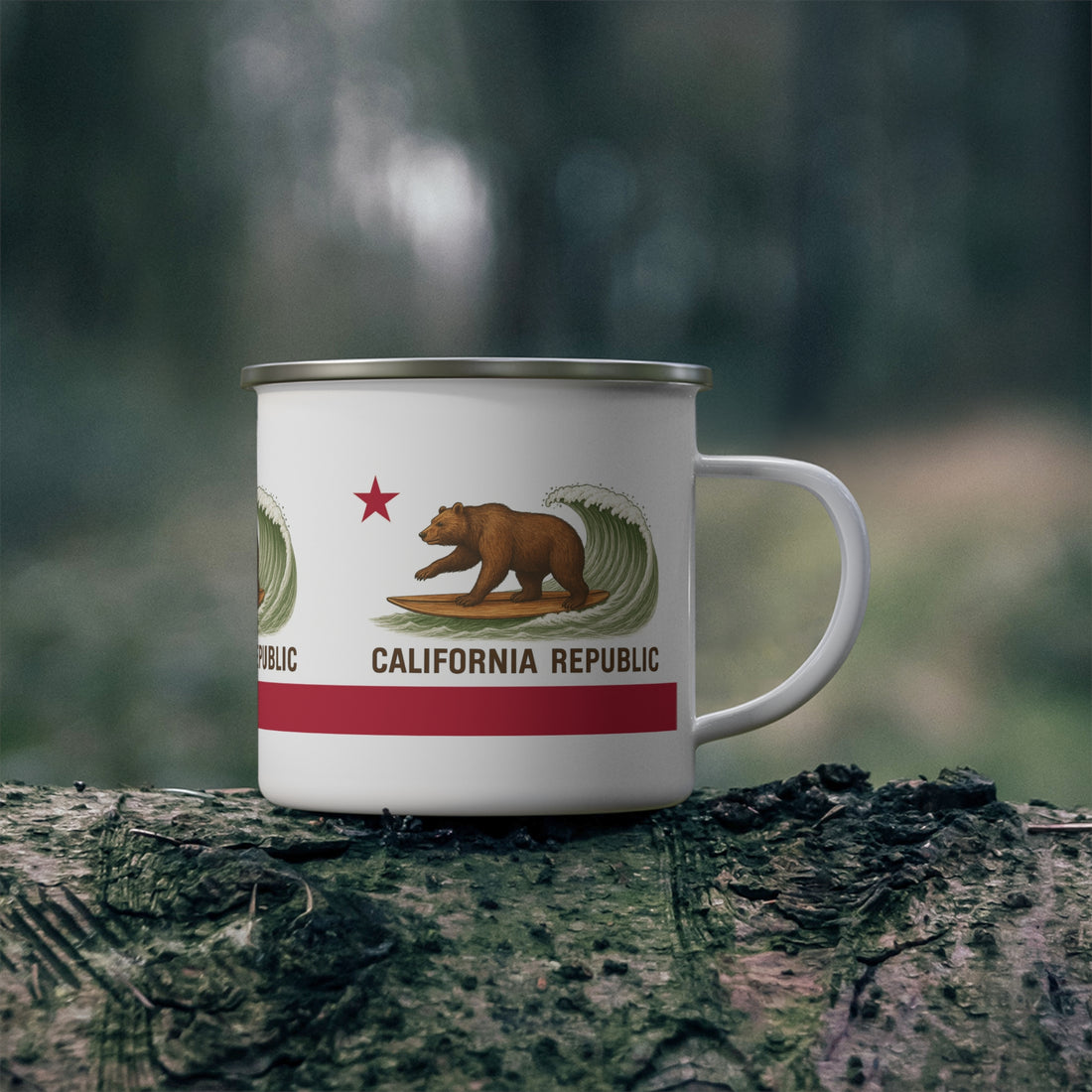 California Surfing Bear Flag Enamel Camping Mug (12oz - small)