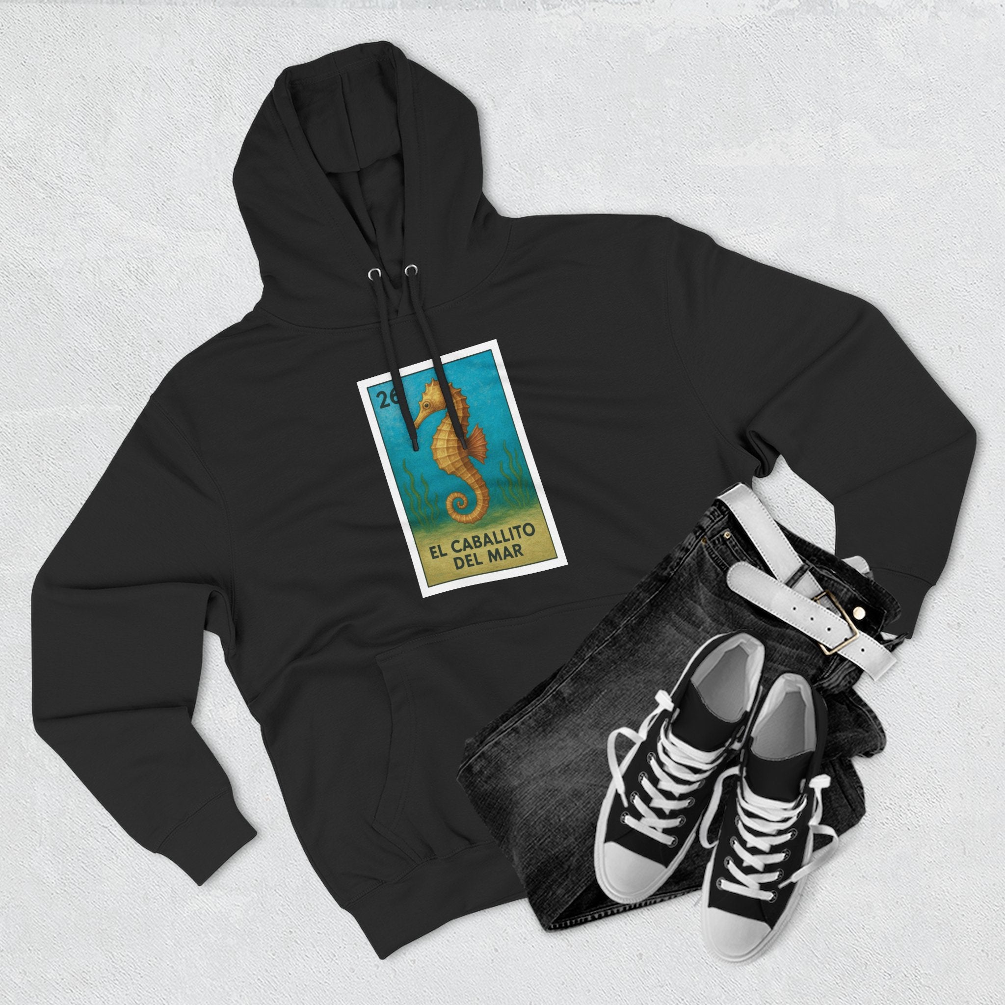 Seahorse Lotería Unisex - Pull-Over Cotton Blend Fleece Hoodie (El Caballito del Mar)