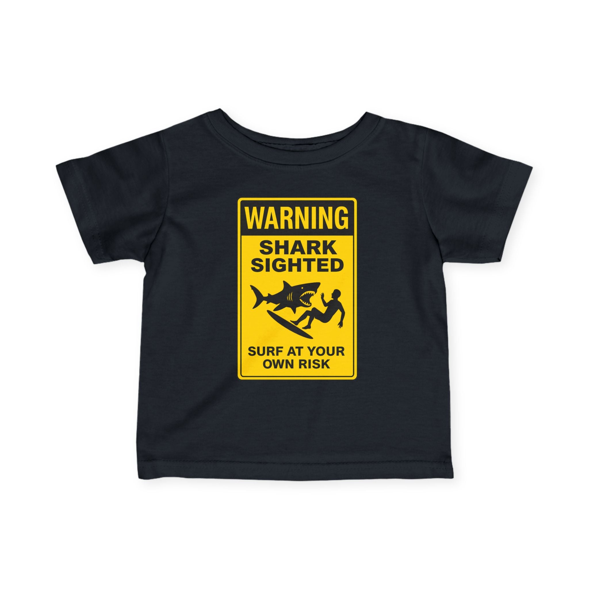Black t-shirt with a yellow warning sign graphic on a white background