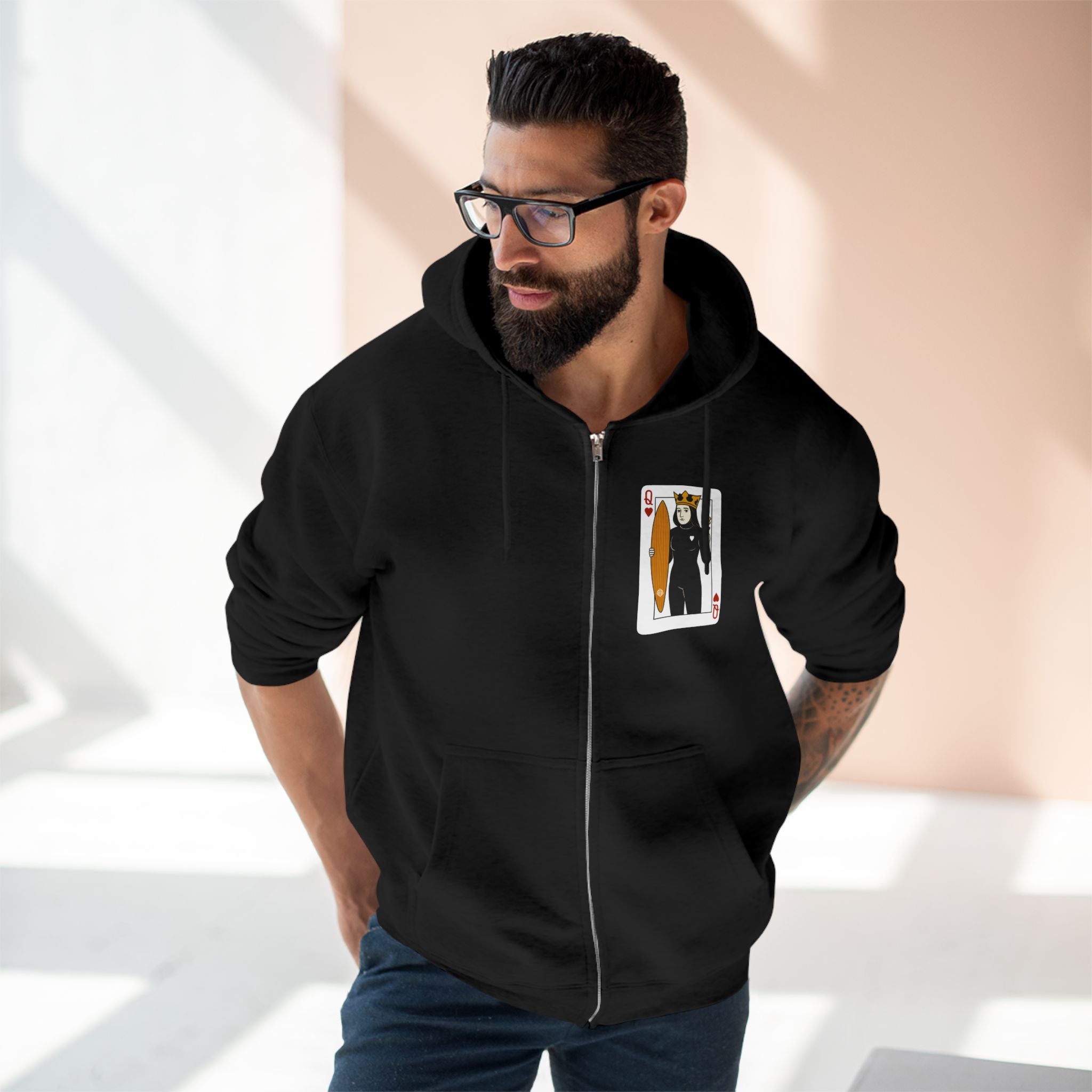 Queen of Hearts Surfer Unisex - Zip Cotton Blend Fleece Hoodie