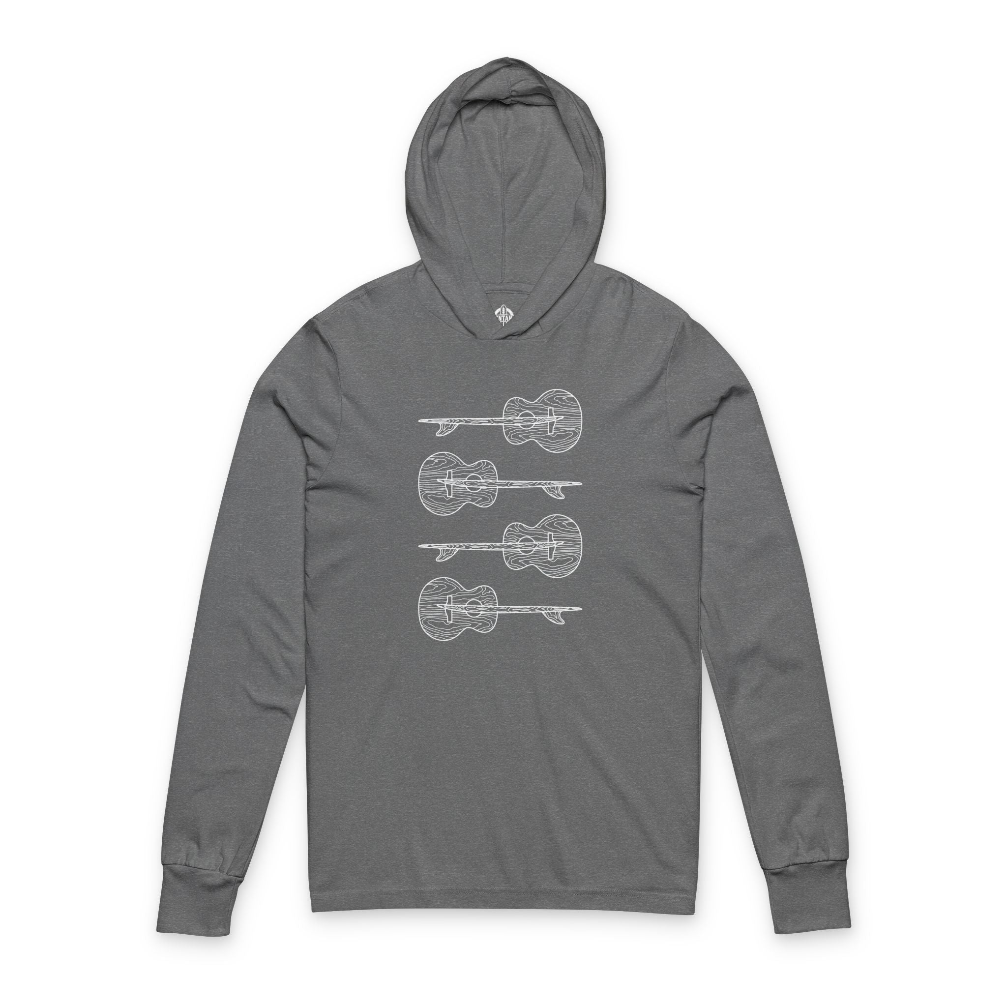 Gray hoodie with white graphic design on a white background