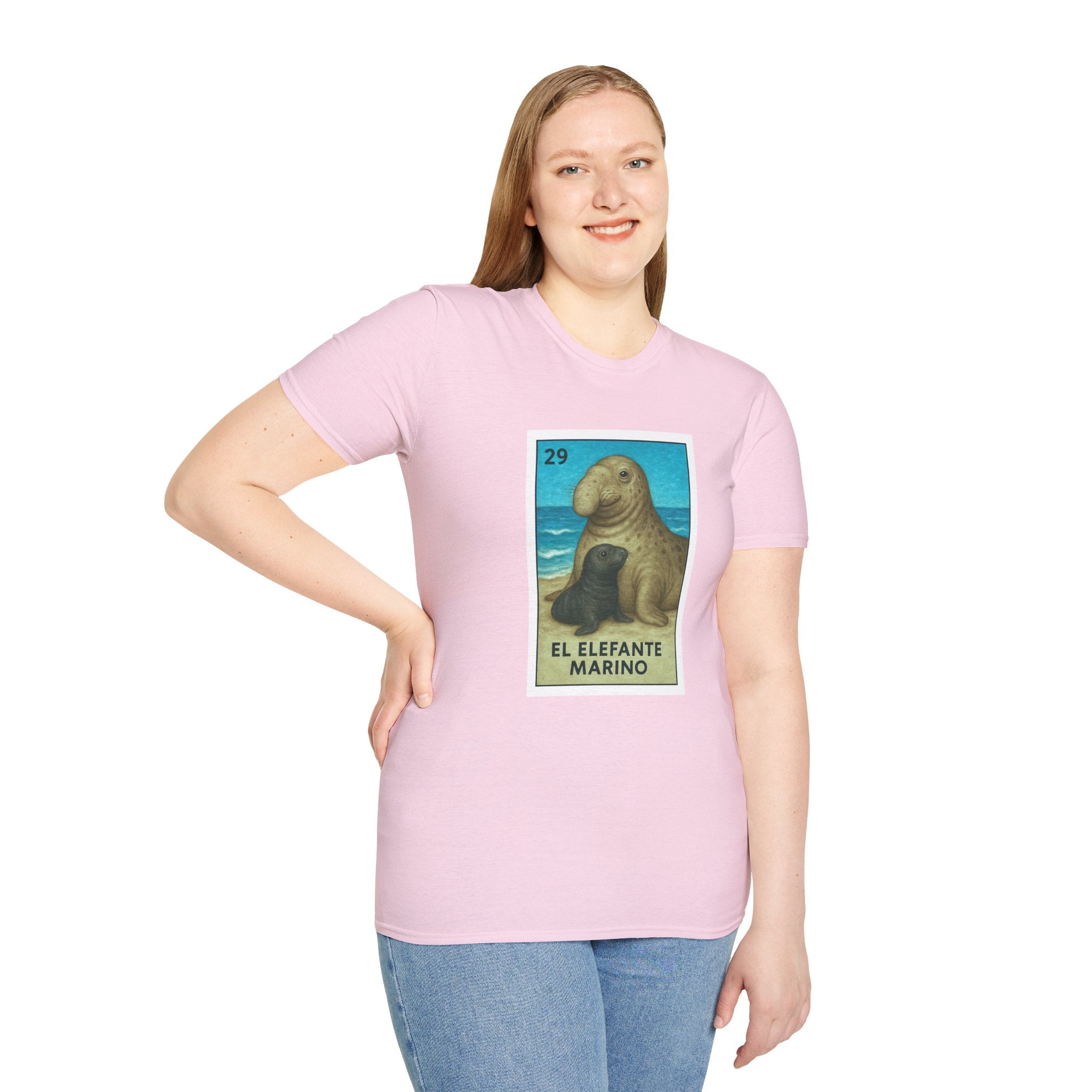 Elephant Seal Lotería Unisex - Soft Style U.S. Cotton T-Shirt (El Elefante Marino)