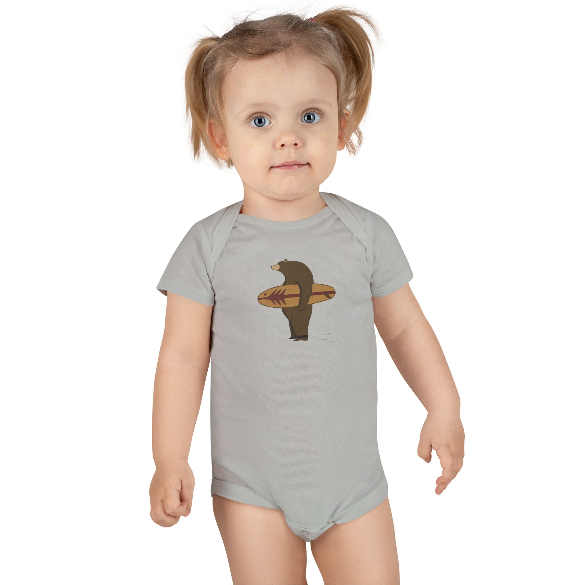 Surfing Grizzly Bear by Fabian Lavater - Baby Short Sleeve 100% Cotton Onesie