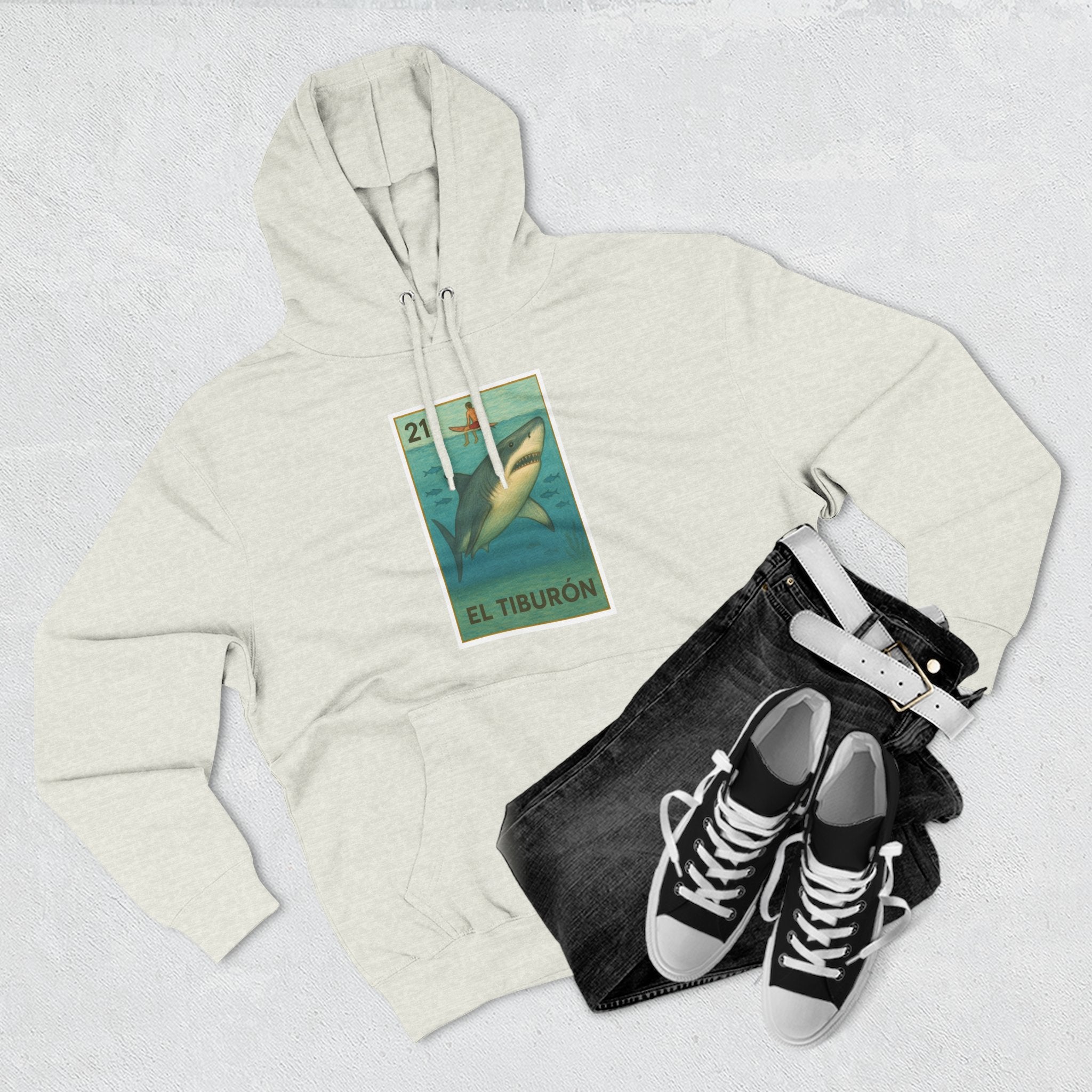 Shark Lotería Unisex - Pull-Over Cotton Blend Fleece Hoodie (El Tiburón)