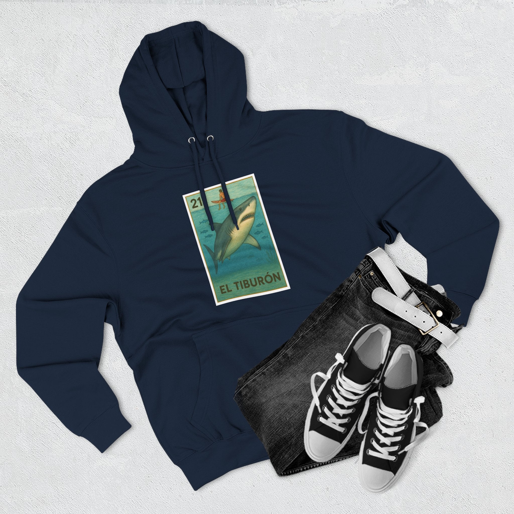 Shark Lotería Unisex - Pull-Over Cotton Blend Fleece Hoodie (El Tiburón)
