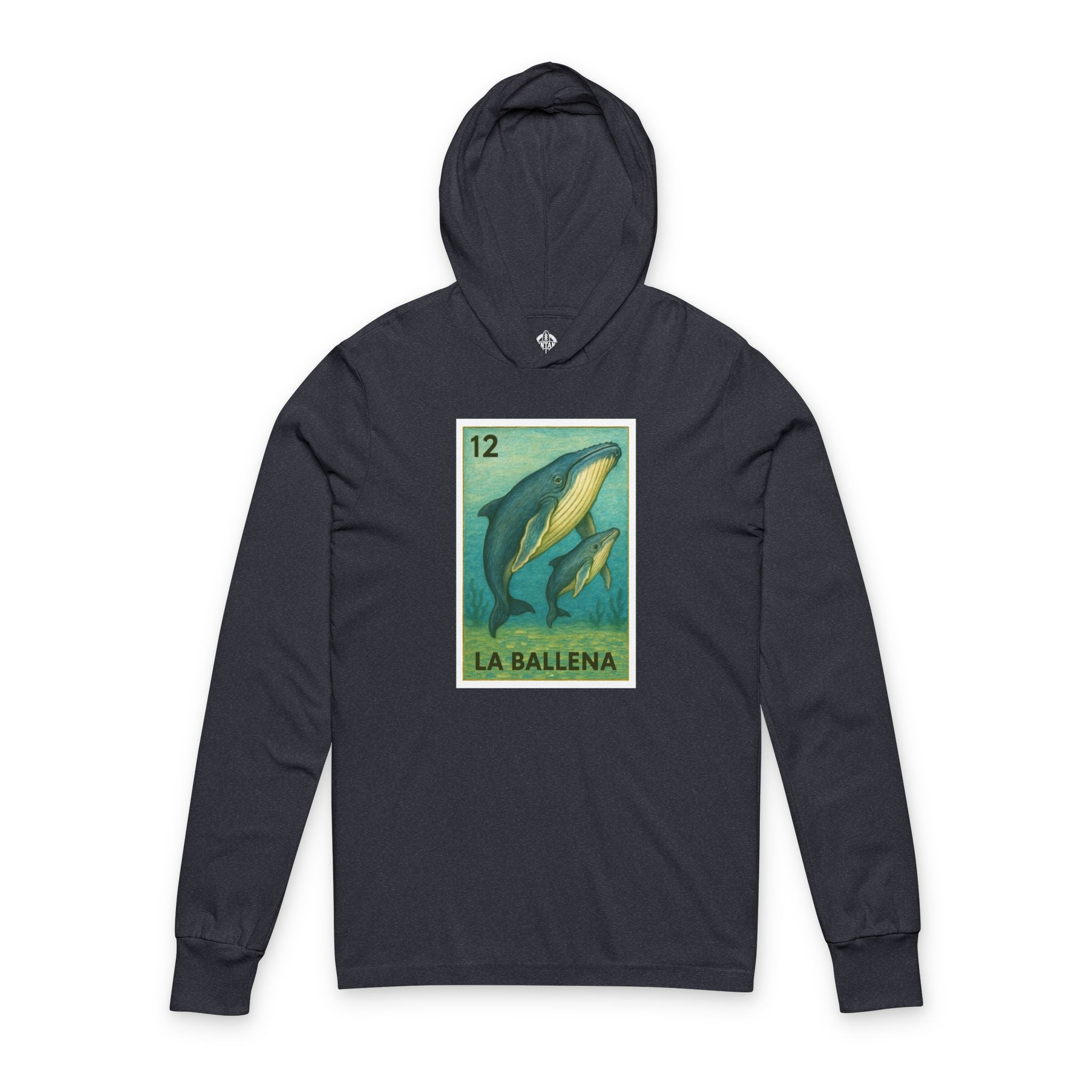 Navy hoodie with a whale graphic and &