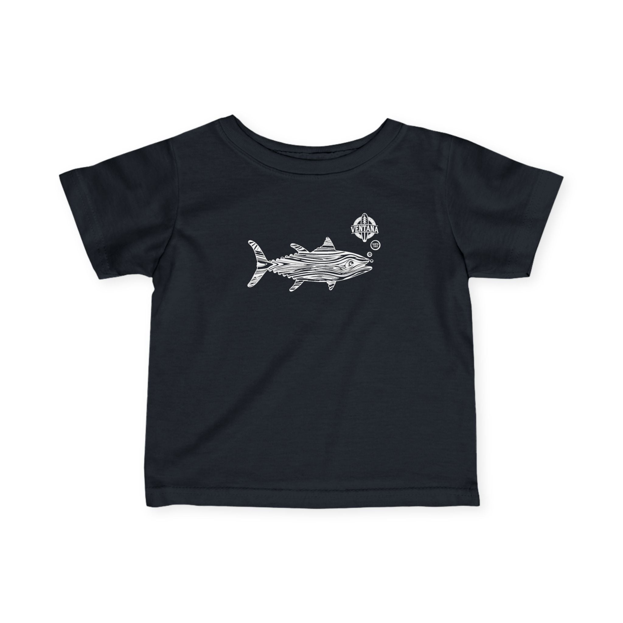Black t-shirt with a shark graphic on a white background