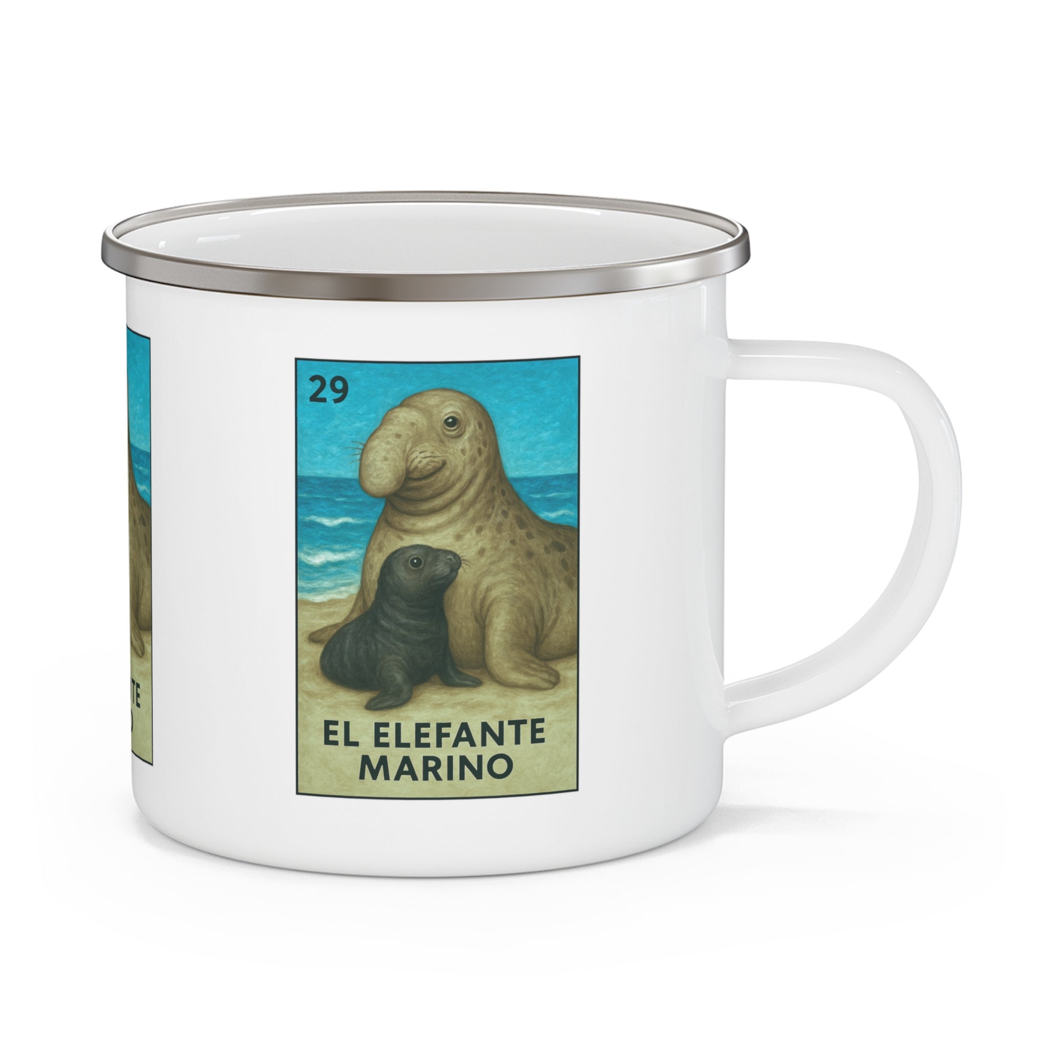 Elephant Seal Lotería Enamel Camping Mug (El Elefante Marino) (12oz - small)