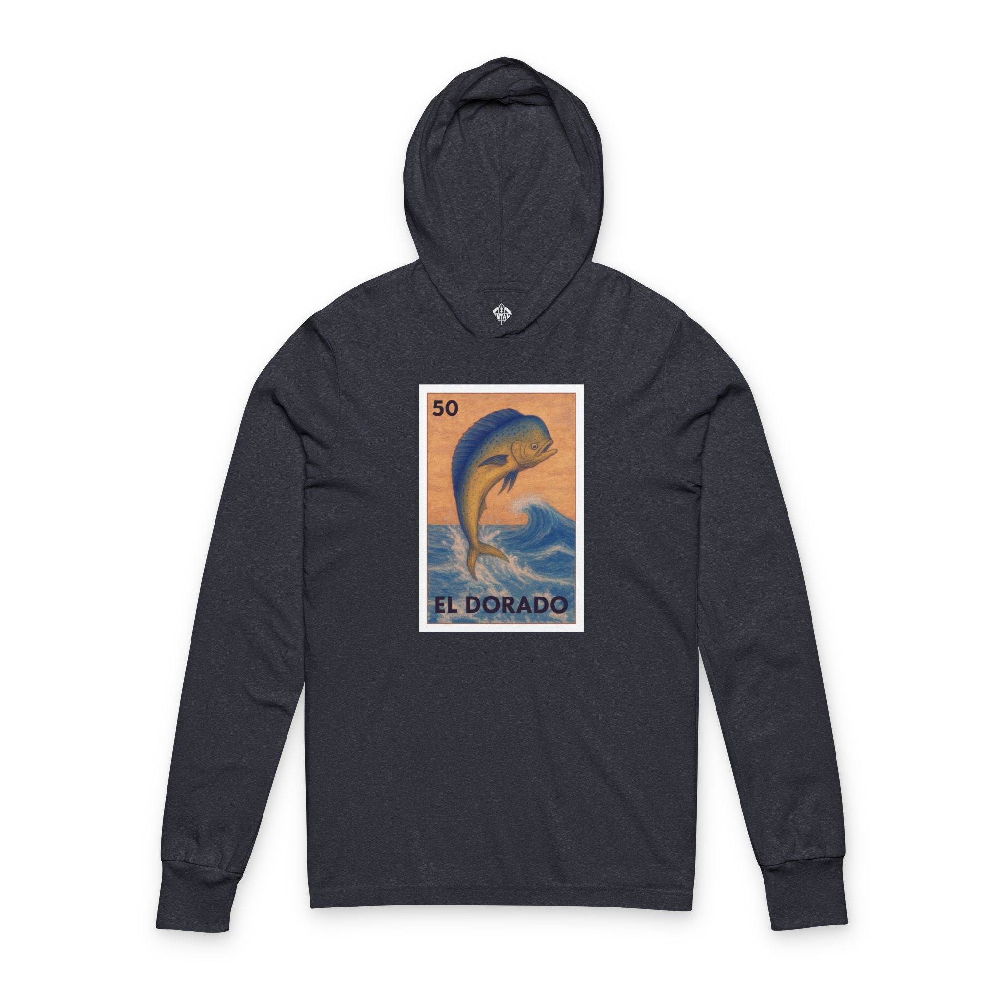 Navy blue hoodie with a dolphin graphic and &