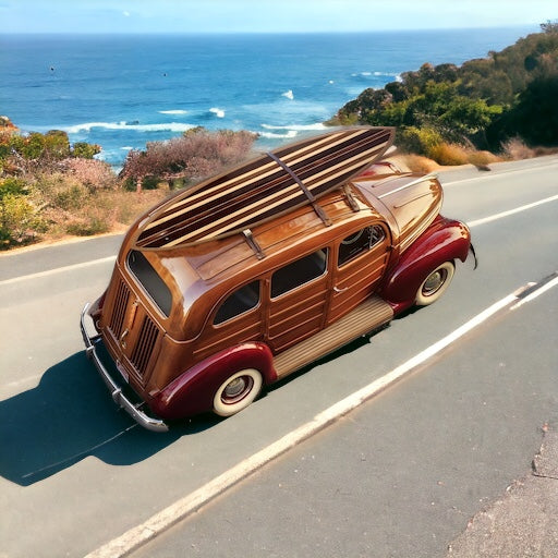 Ventana Surfboard on a Woodie Car 
