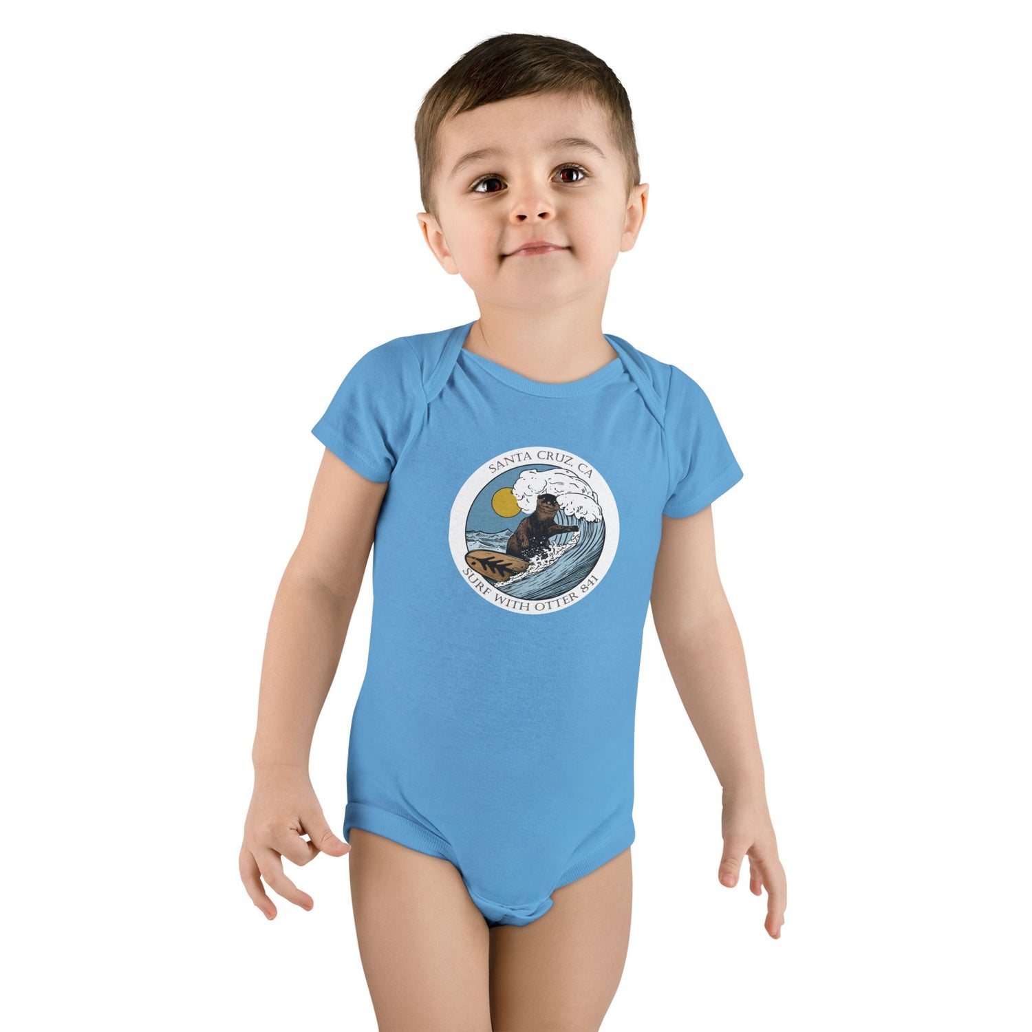 Surf with Otter 841 by Thiago Bianchini - Baby Short Sleeve 100% Cotton Onesie