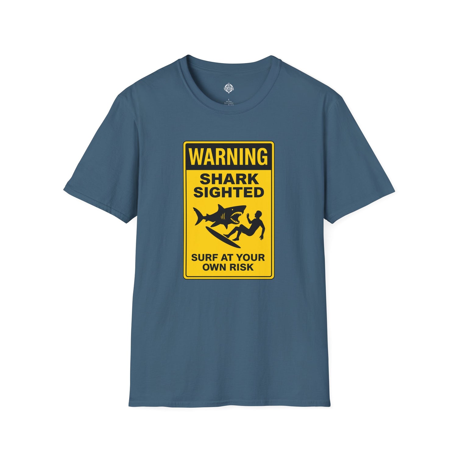 Blue t-shirt with a yellow and black shark warning sign on a white background