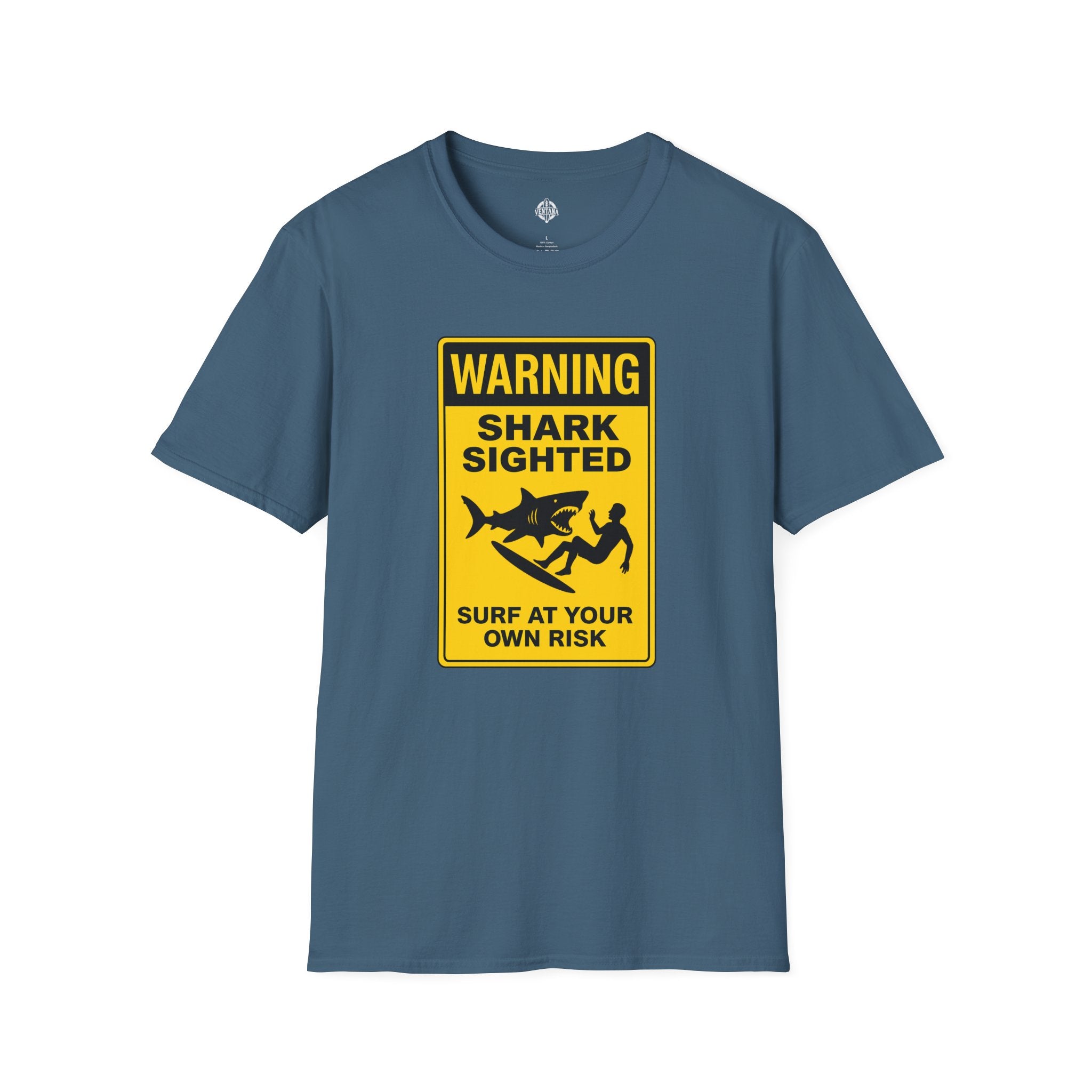 Blue t-shirt with a yellow and black shark warning sign on a white background