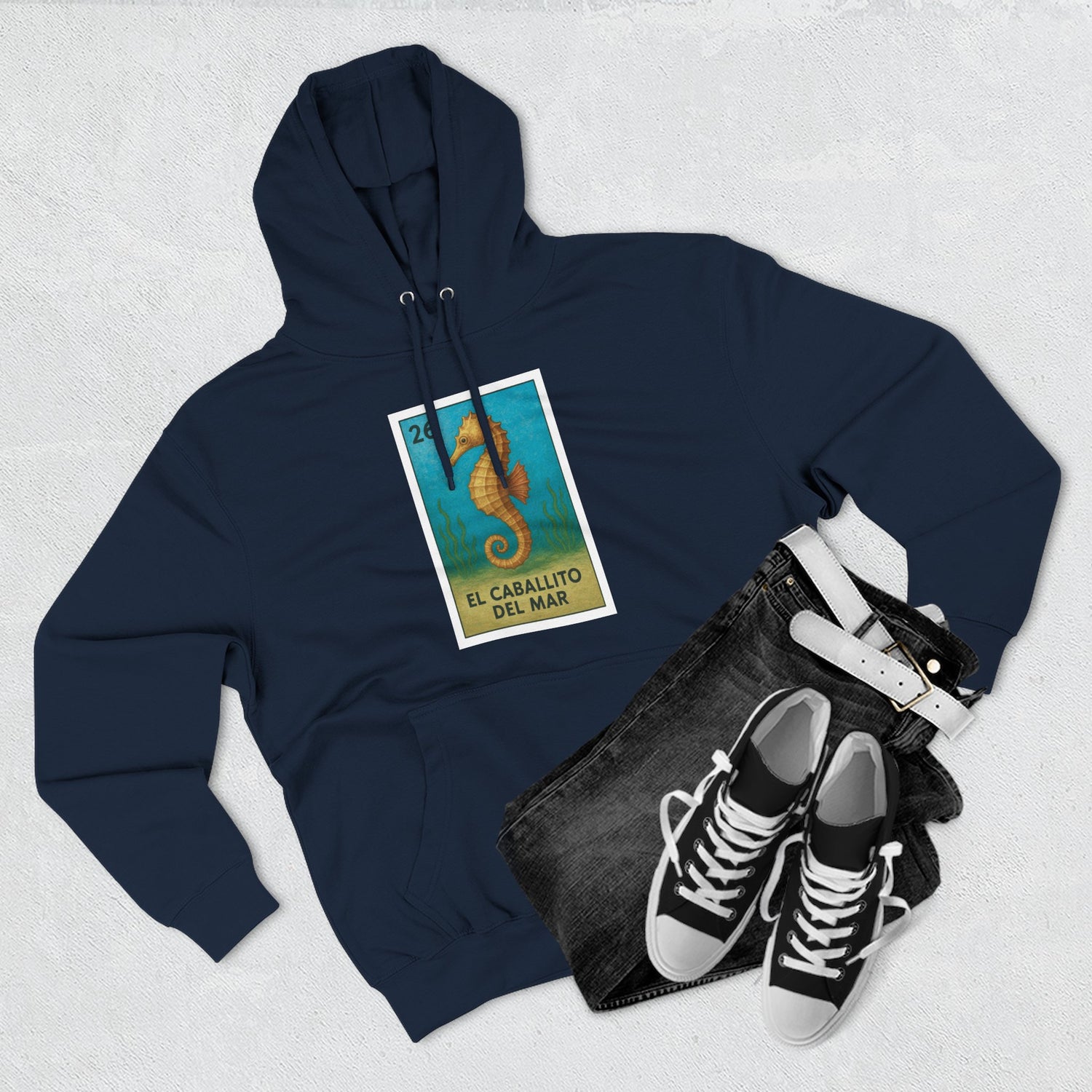 Seahorse Lotería Unisex - Pull-Over Cotton Blend Fleece Hoodie (El Caballito del Mar)