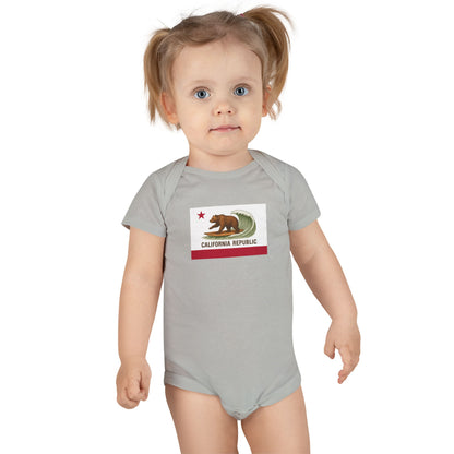 California Surfing Bear Flag - Baby Short Sleeve 100% Cotton Onesie