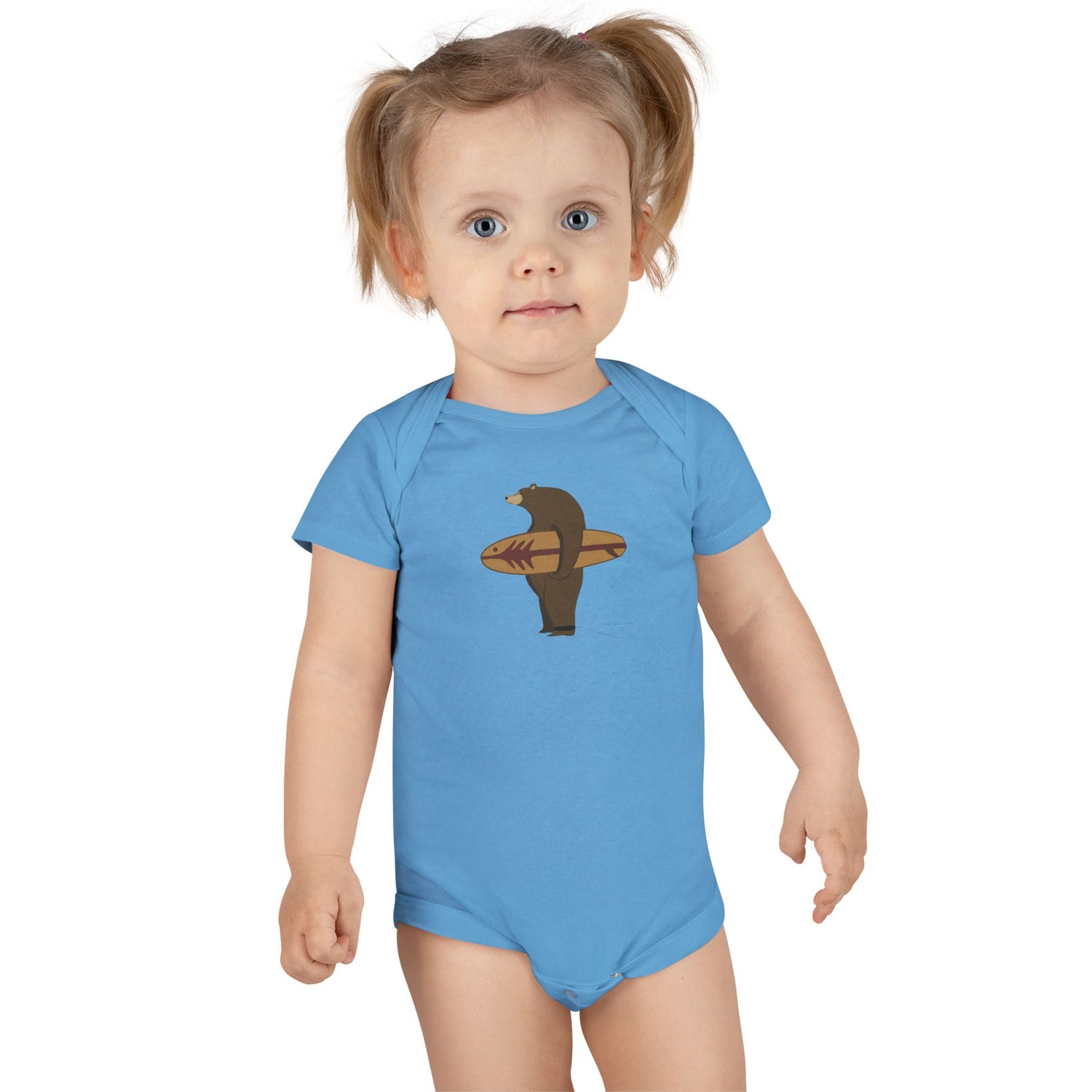Surfing Grizzly Bear by Fabian Lavater - Baby Short Sleeve 100% Cotton Onesie