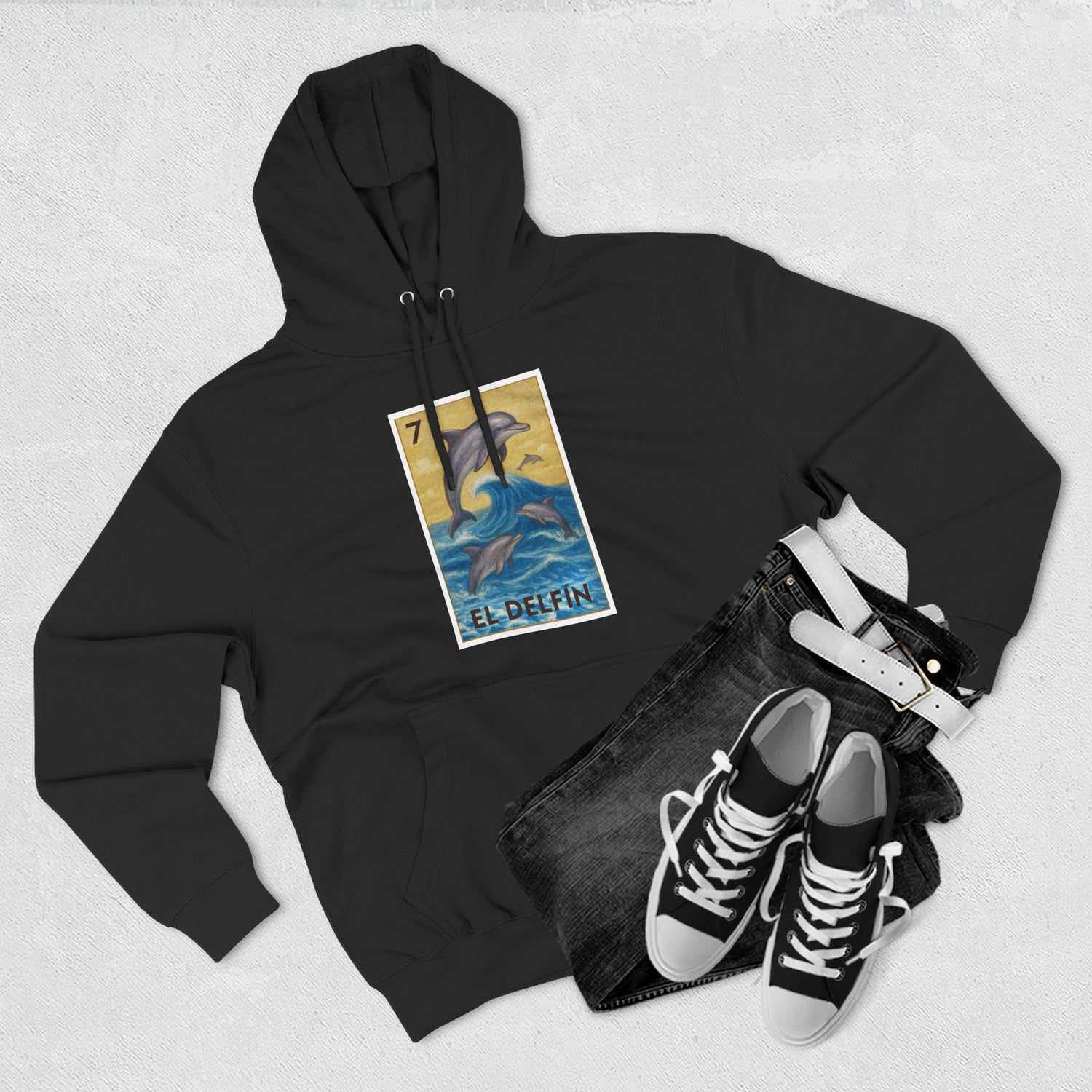 Dolphin Lotería Unisex - Pull-Over Cotton Blend Fleece Hoodie (El Delfín)