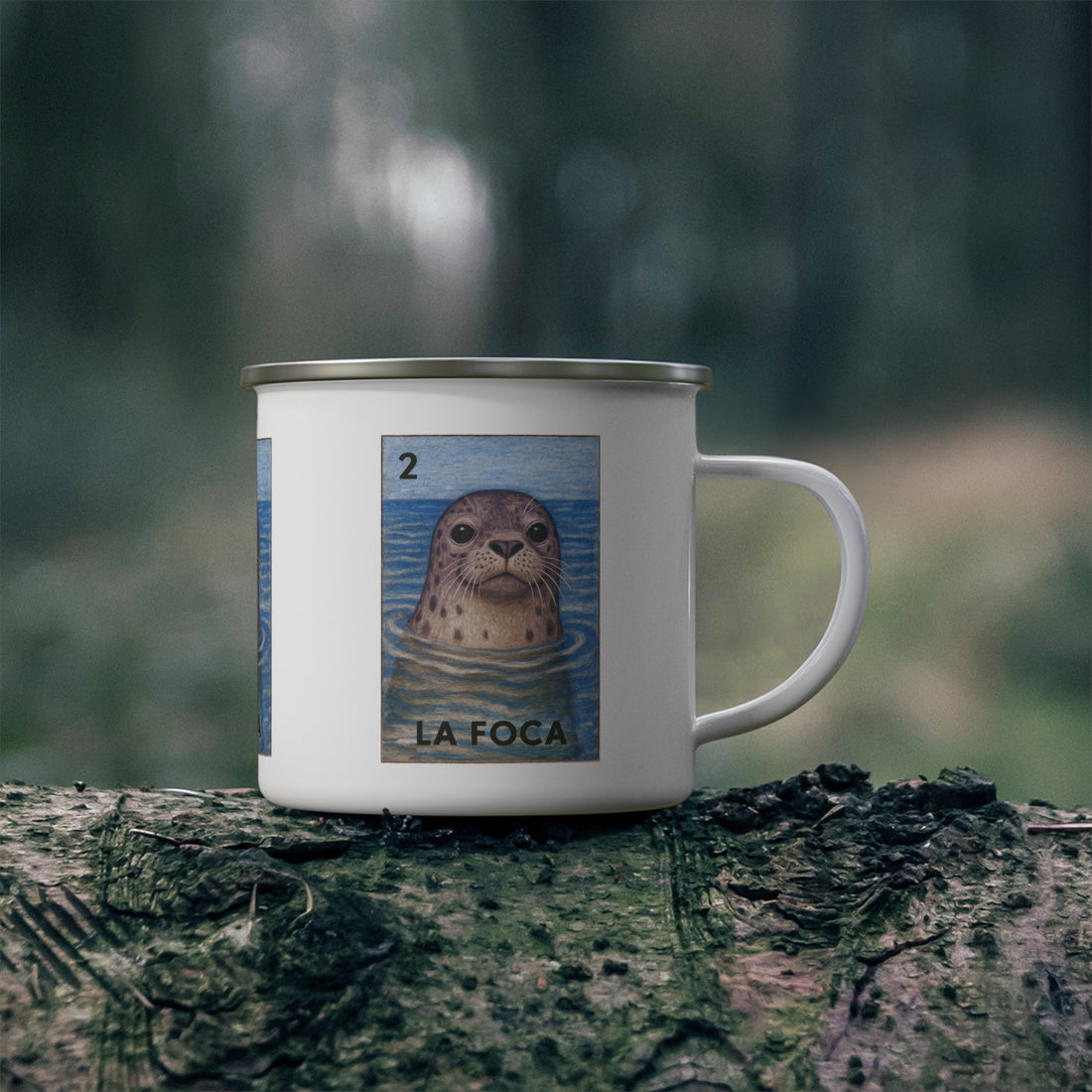 Seal Lotería Enamel Camping Mug (La Foca) (12oz - small)