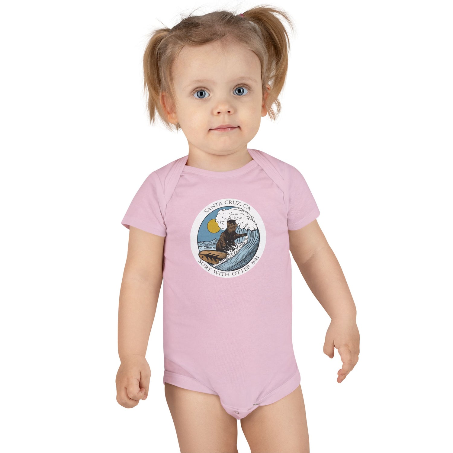 Surf with Otter 841 by Thiago Bianchini - Baby Short Sleeve 100% Cotton Onesie