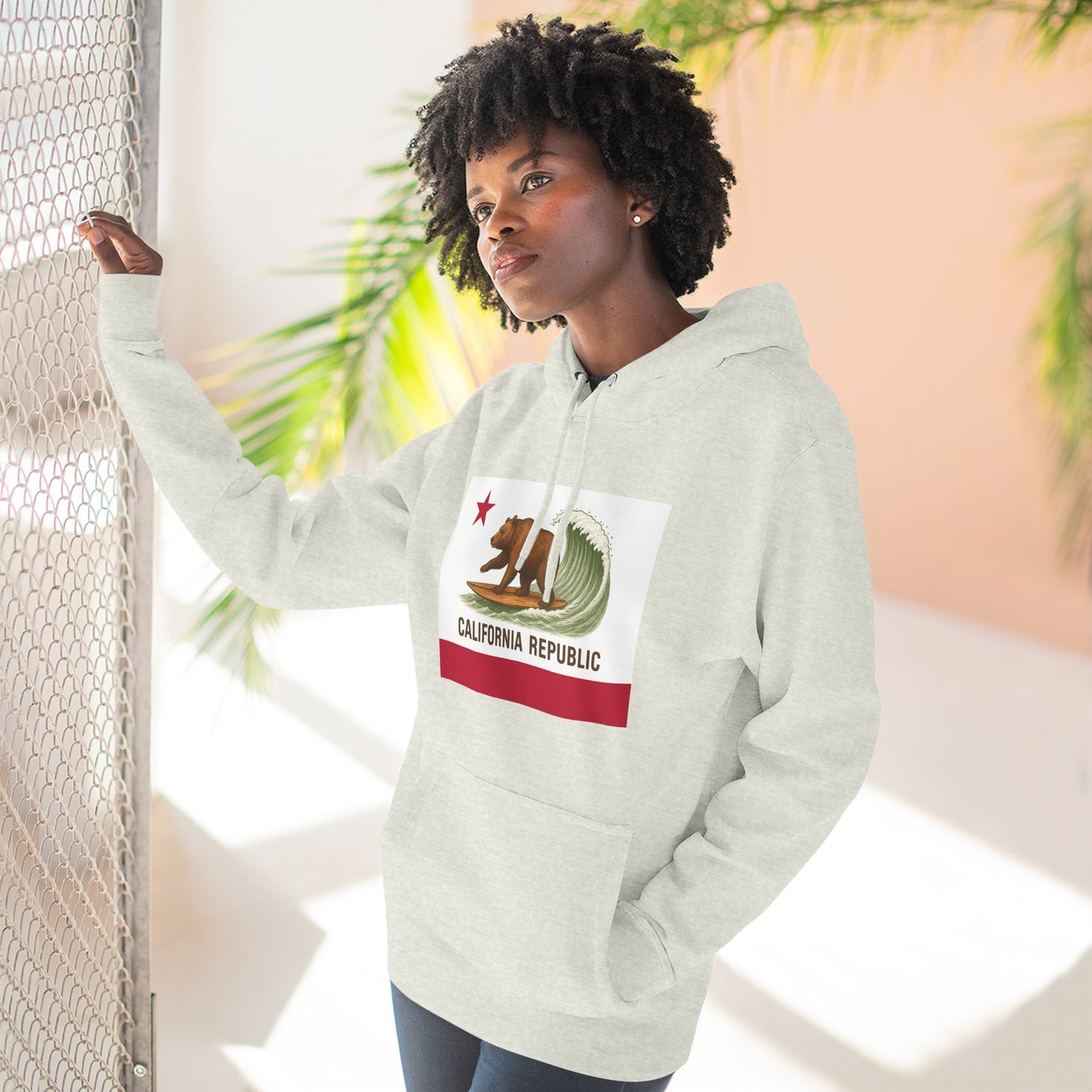 California Surfing Bear Flag Unisex - Pull-Over Cotton Blend Fleece Hoodie