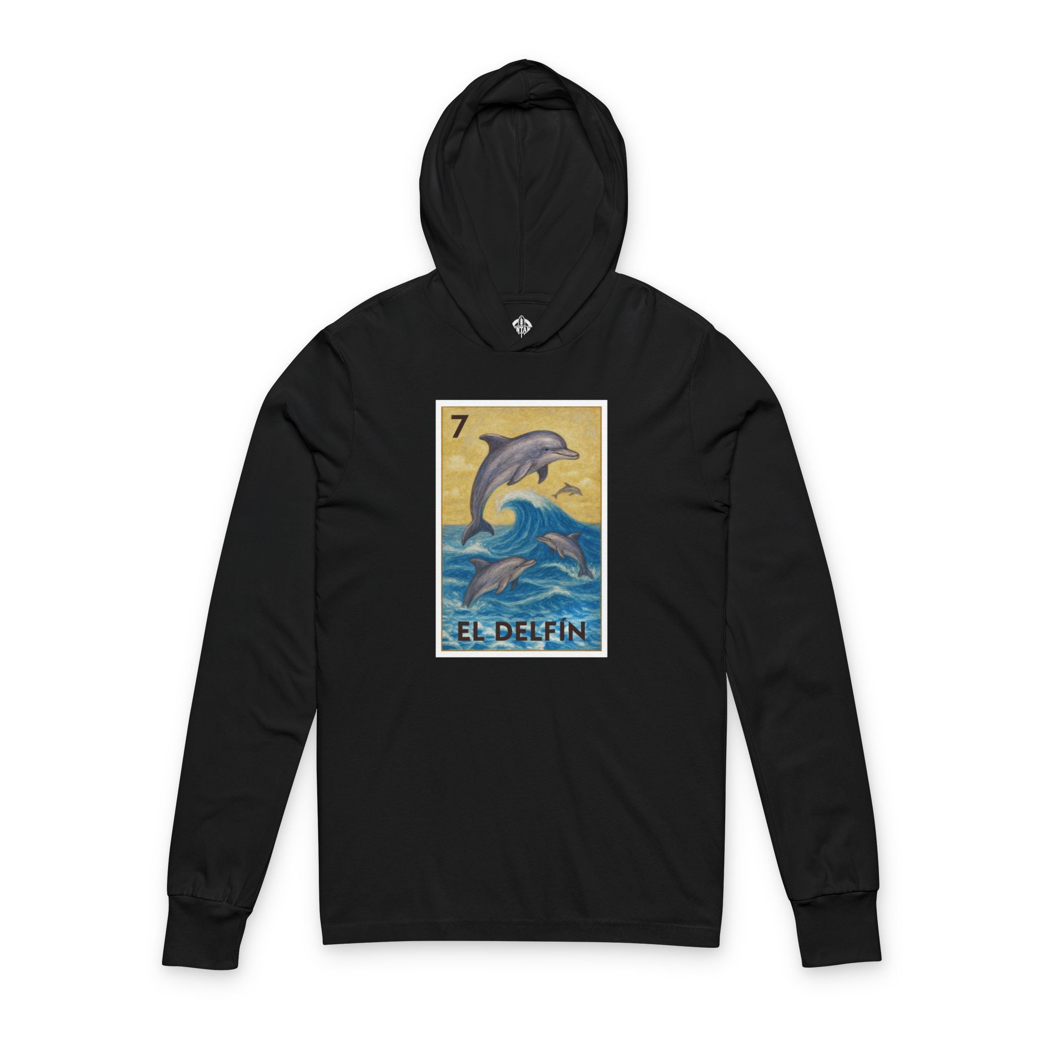 Black hoodie with a graphic of dolphins and &