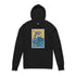 Black hoodie with a graphic of dolphins and &