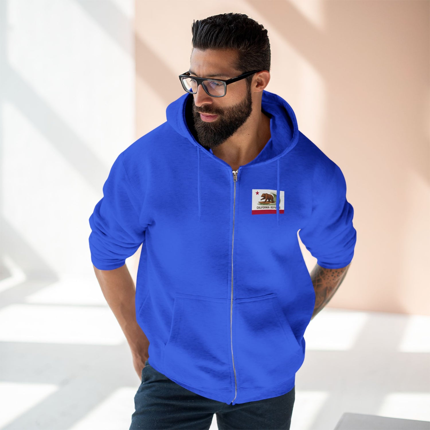 California Surfing Bear Flag Unisex - Zip Cotton Blend Fleece Hoodie