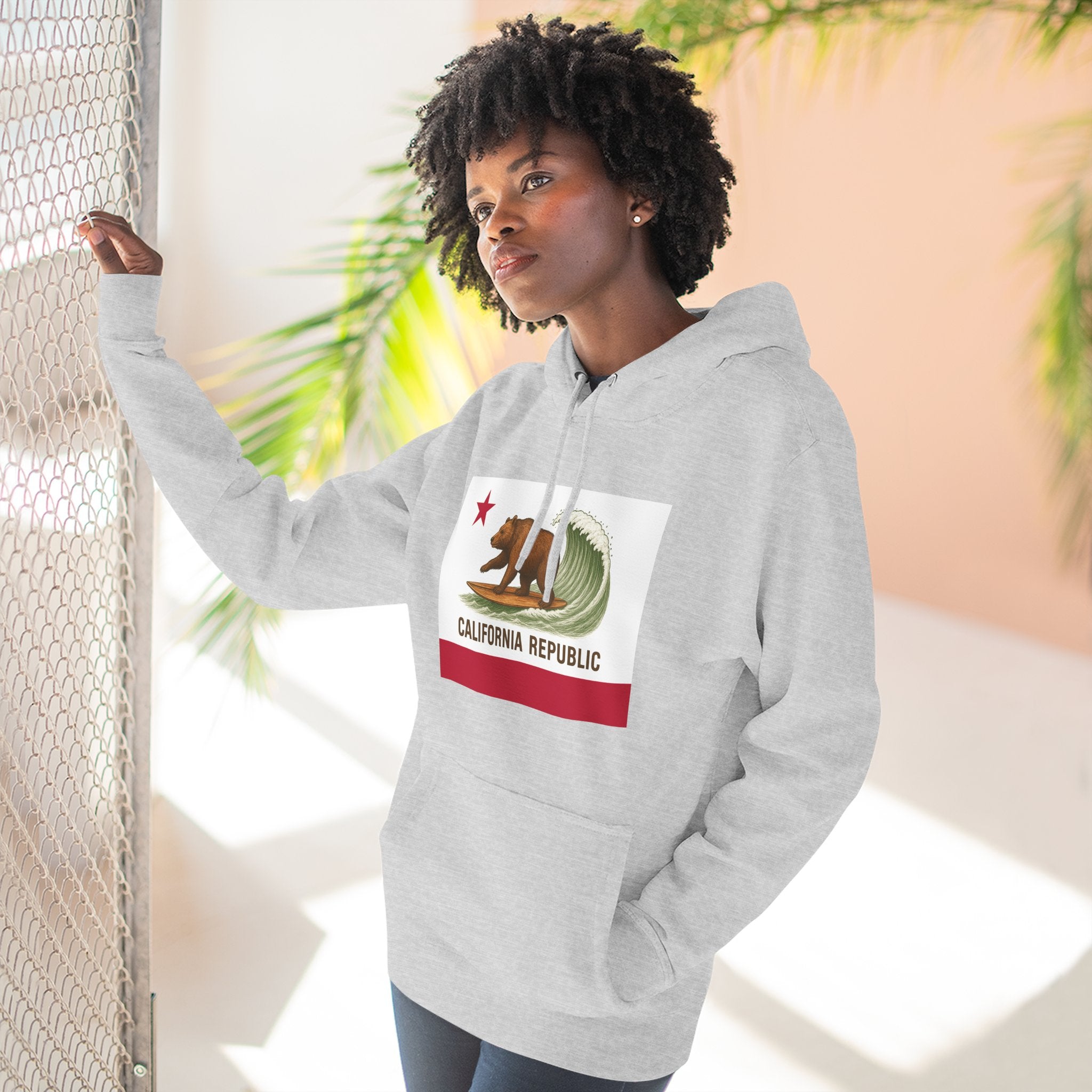 California Surfing Bear Flag Unisex - Pull-Over Cotton Blend Fleece Hoodie