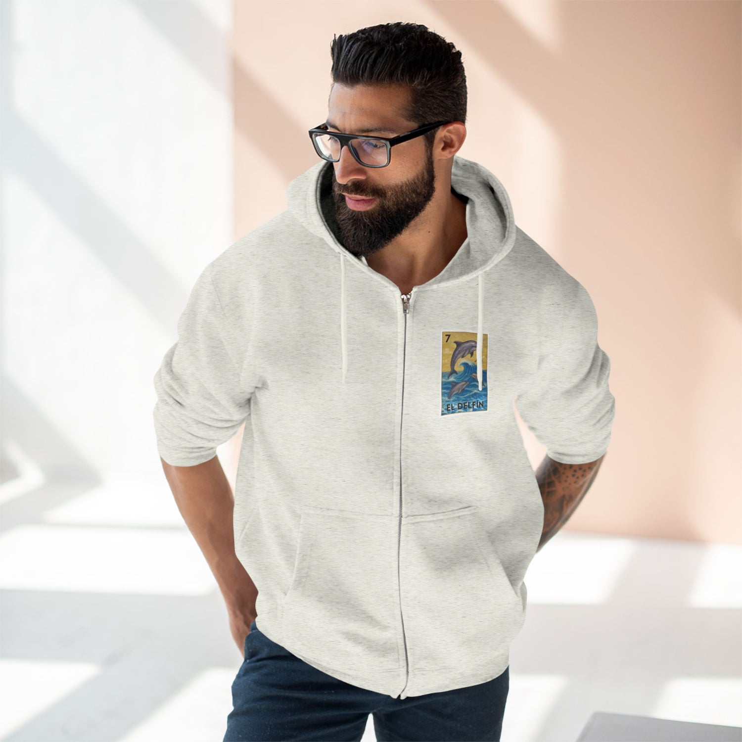 Dolphin Lotería Unisex - Zip Cotton Blend Fleece Hoodie (El Delfín)