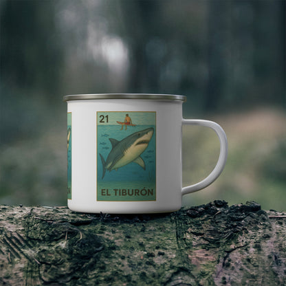 Shark Lotería Enamel Camping Mug (El Tiburón) (12oz - small)