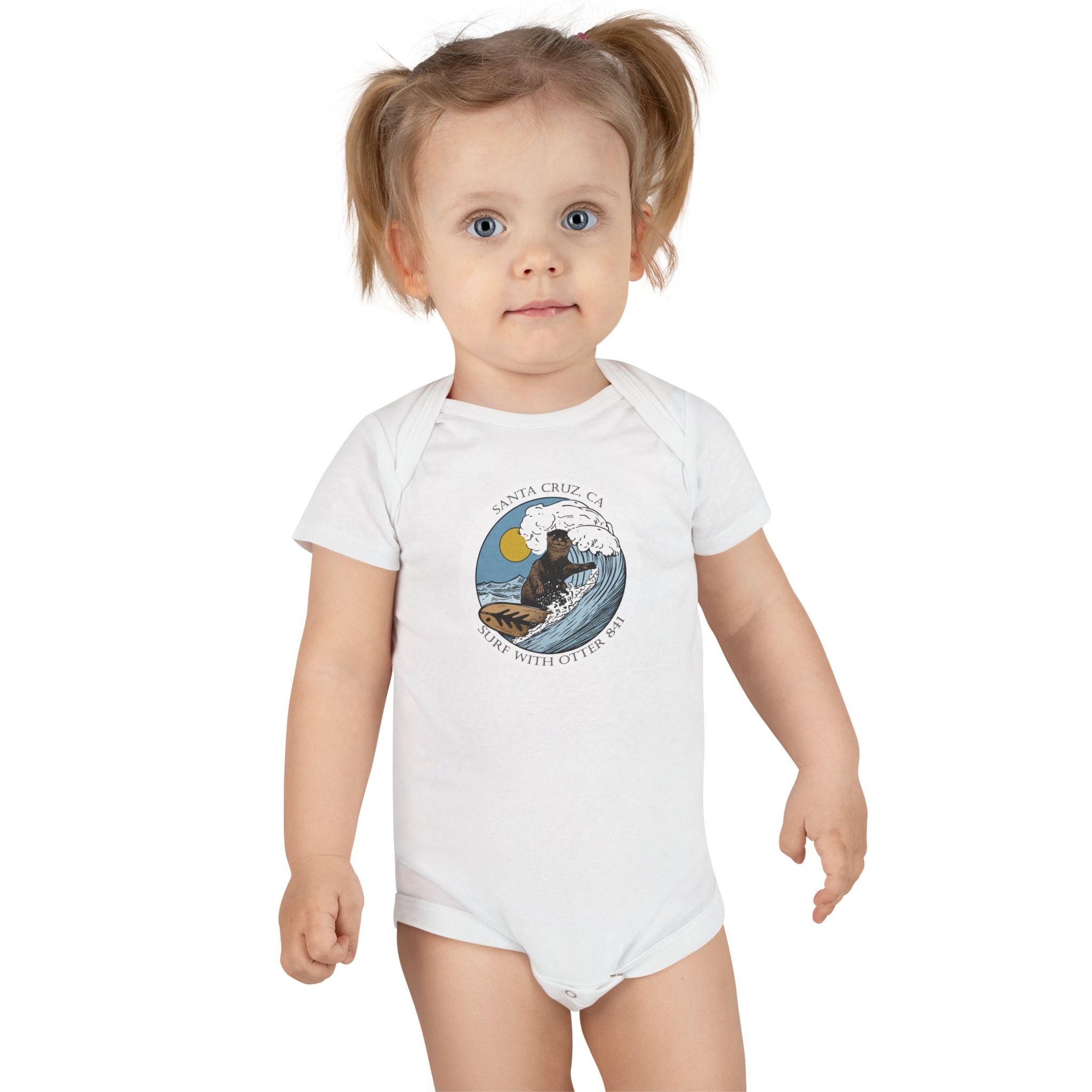 Surf with Otter 841 by Thiago Bianchini - Baby Short Sleeve 100% Cotton Onesie