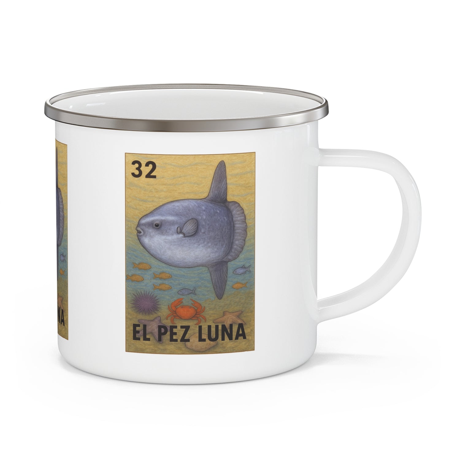 Sunfish Lotería Enamel Camping Mug (El Pez Luna) (12oz - small)
