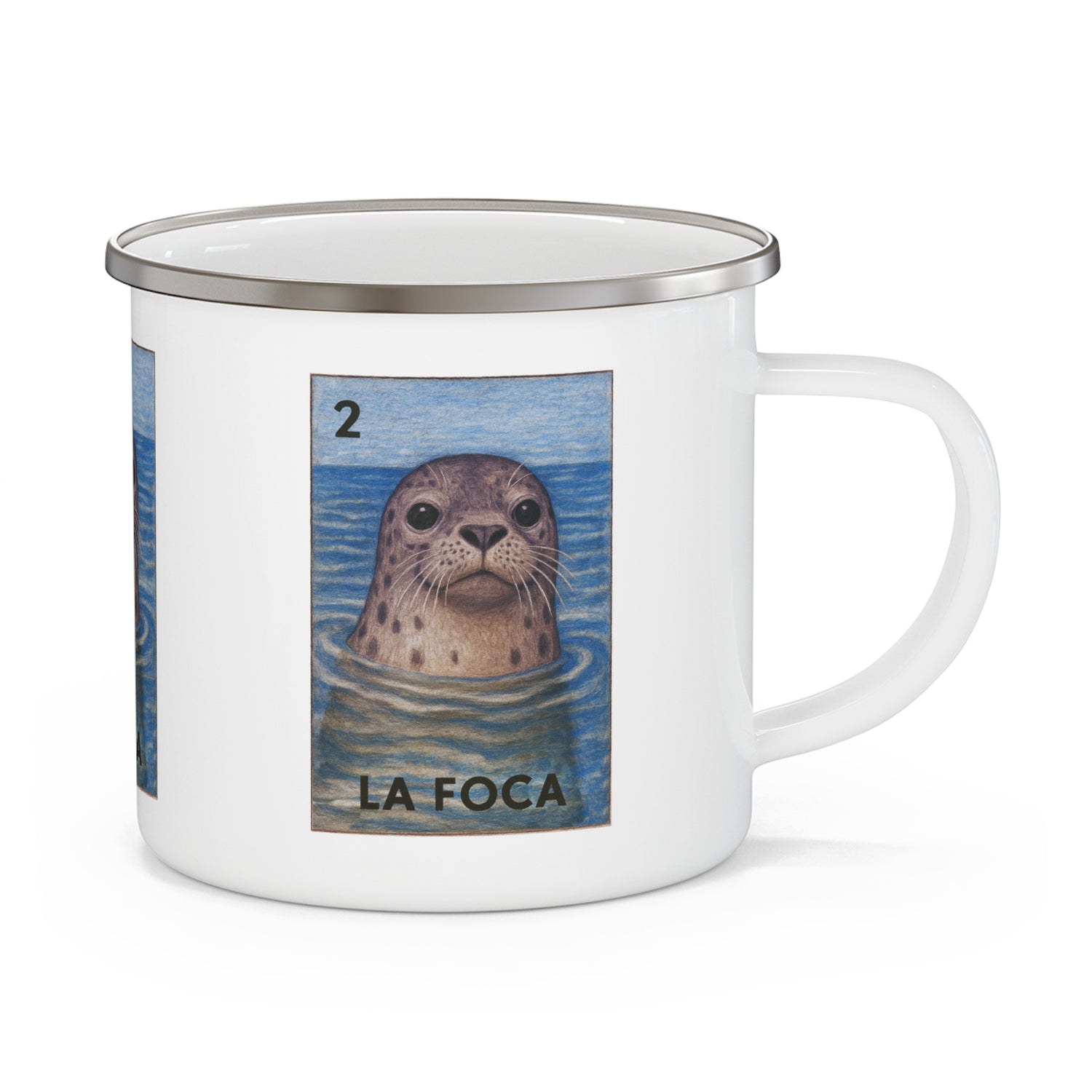 Seal Lotería Enamel Camping Mug (La Foca) (12oz - small)