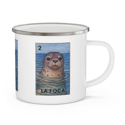 Seal Lotería Enamel Camping Mug (La Foca) (12oz - small)