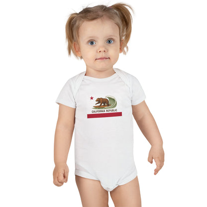 California Surfing Bear Flag - Baby Short Sleeve 100% Cotton Onesie
