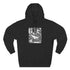 Black hoodie with white graphic design on a white background