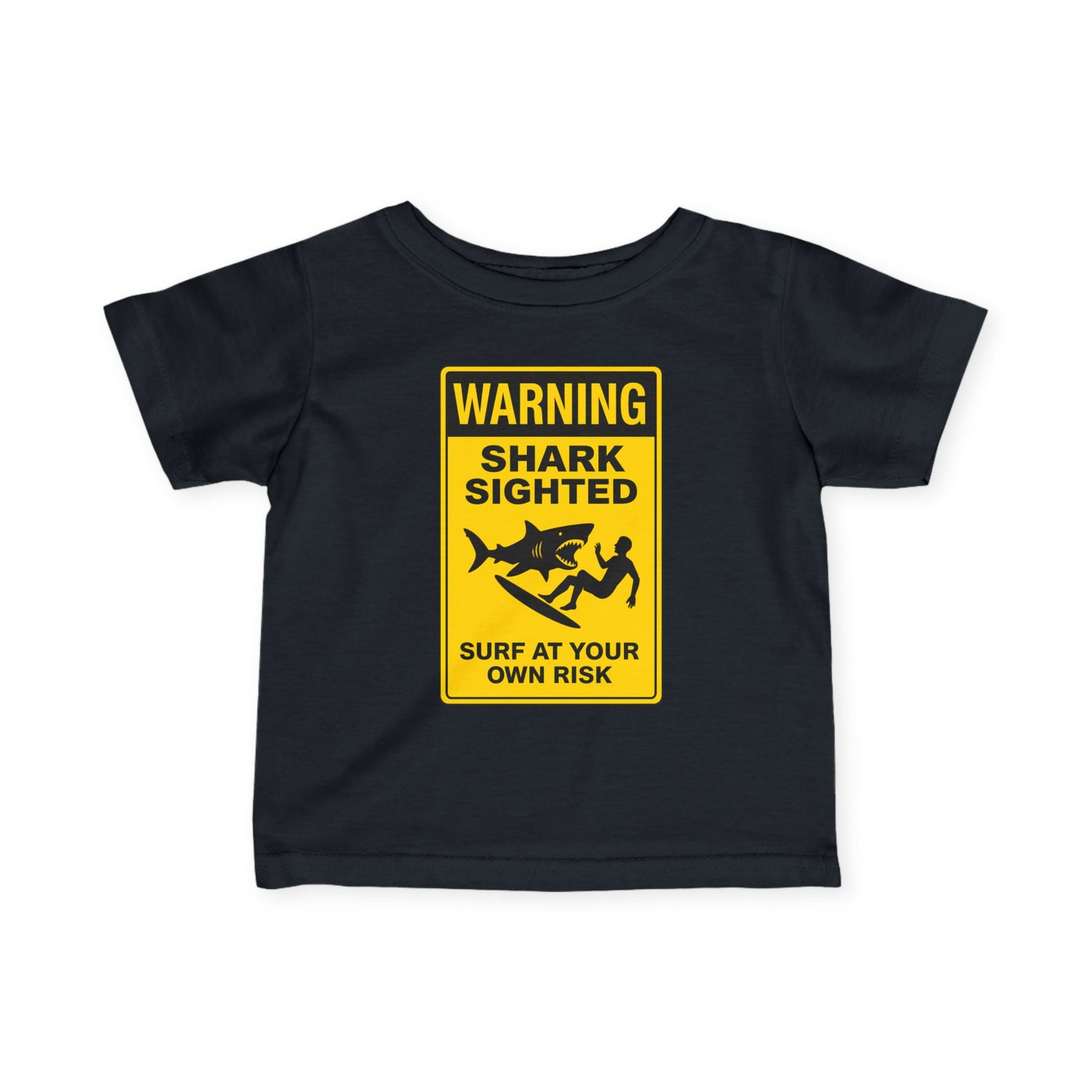 Black t-shirt with a yellow warning sign graphic on a white background
