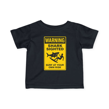 Black t-shirt with a yellow warning sign graphic on a white background
