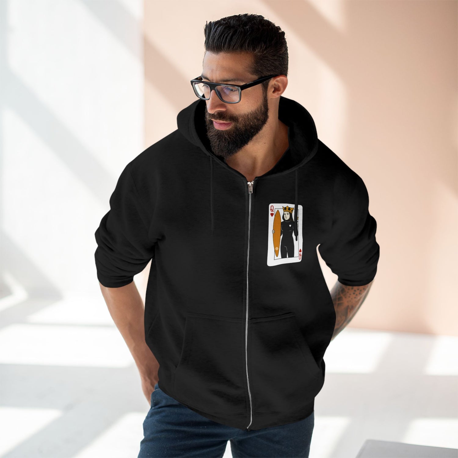Queen of Hearts Surfer Unisex - Zip Cotton Blend Fleece Hoodie